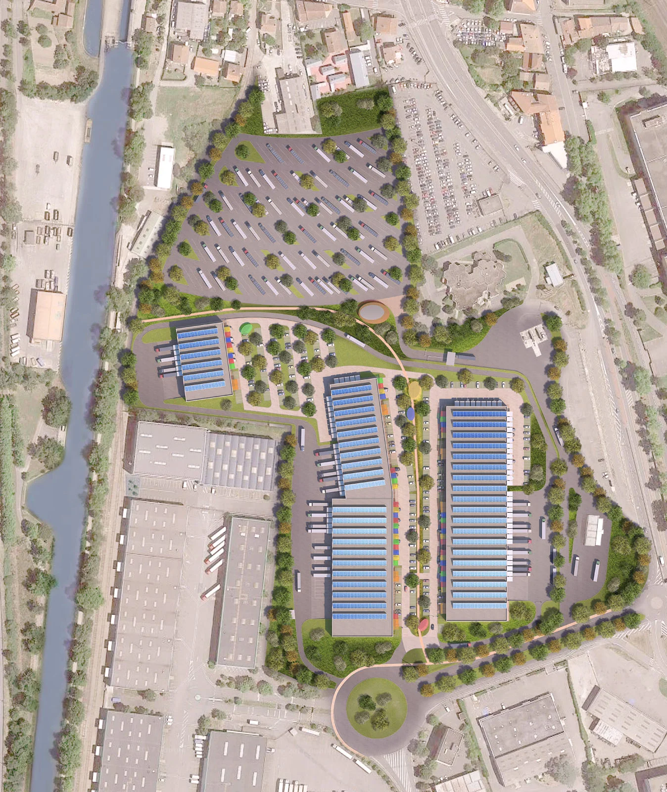 Ensemble logistique du dernier kilomètre et d’un parking poids-lourds.