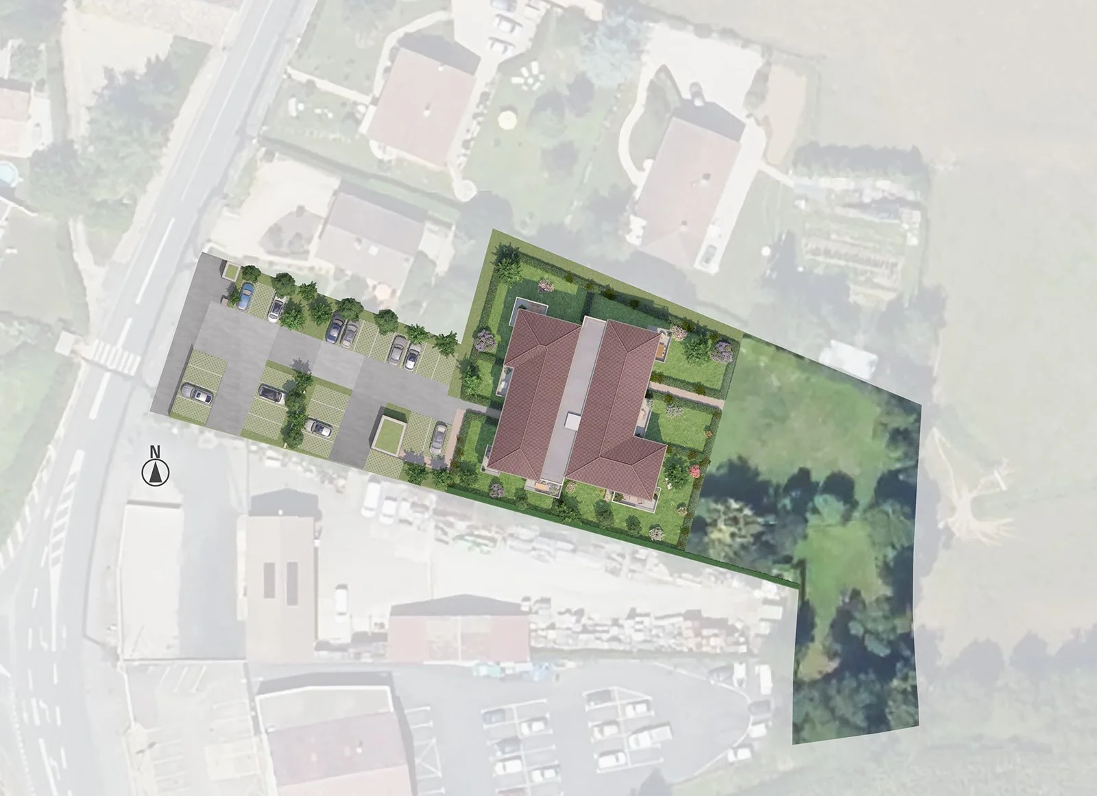 Plan de masse 3D de la résidence La Canopée à Sancé réalisée pour Coop Habitat Bourgogne.