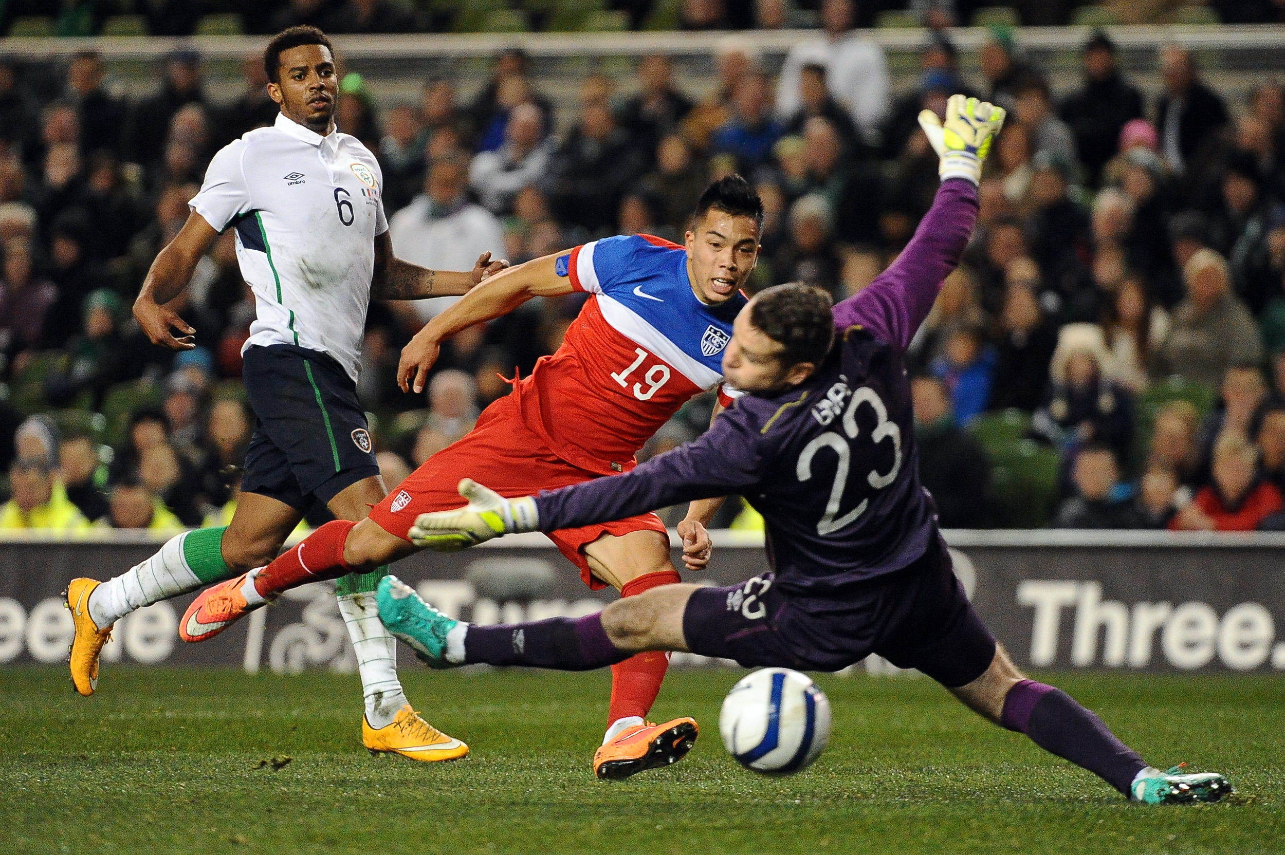  Bobby Wood of USA shoots past Republic of Ireland goalkeeper Shay Given during their International Friendly match at Aviva Stadium in Dublin 2014 /  Sportsfile  