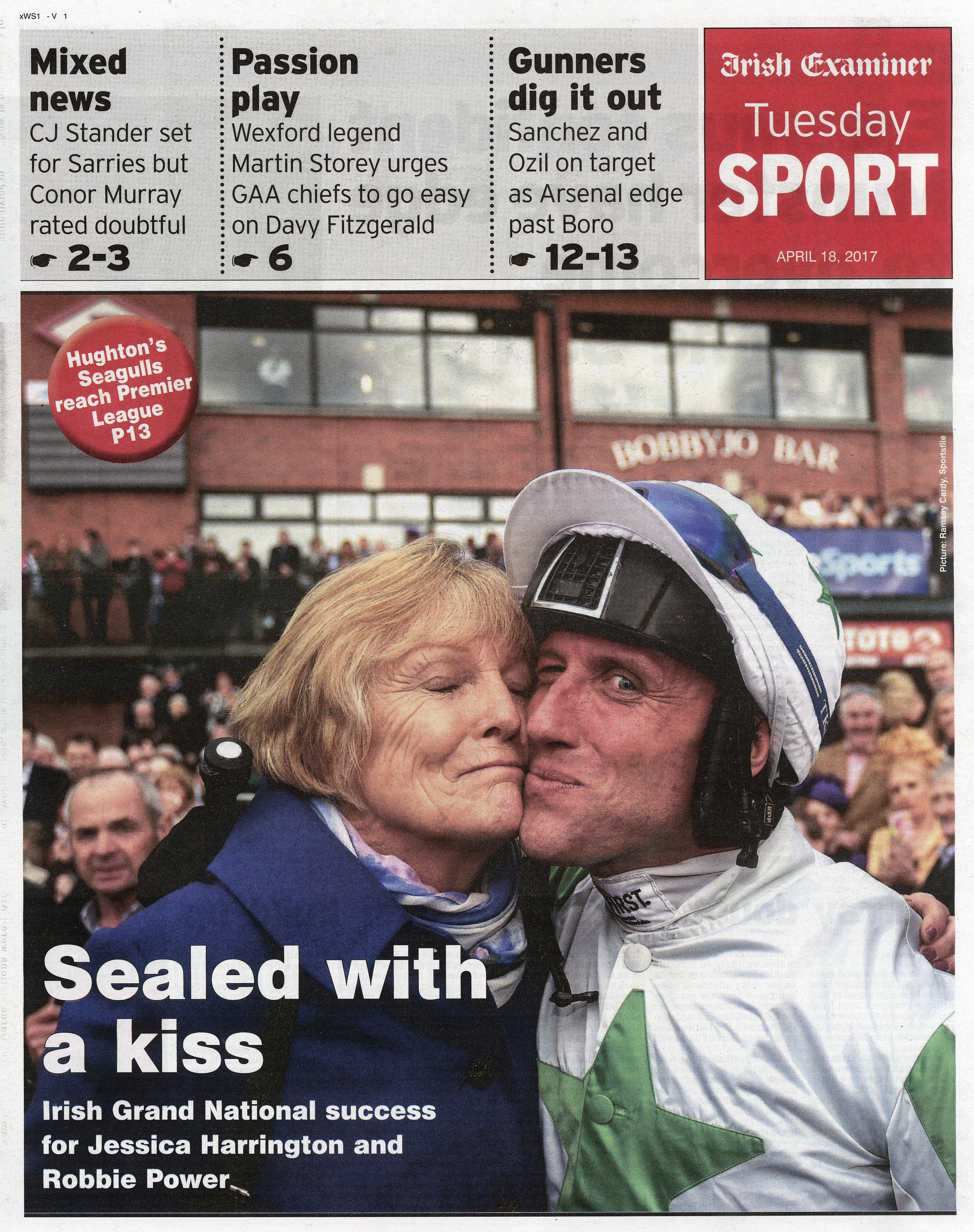  Trainer Jessica Harrington kisses Robbie Power after winning the Irish National on Our Duke at Fairyhouse Racecourse April 18 2017  Irish Examiner  
