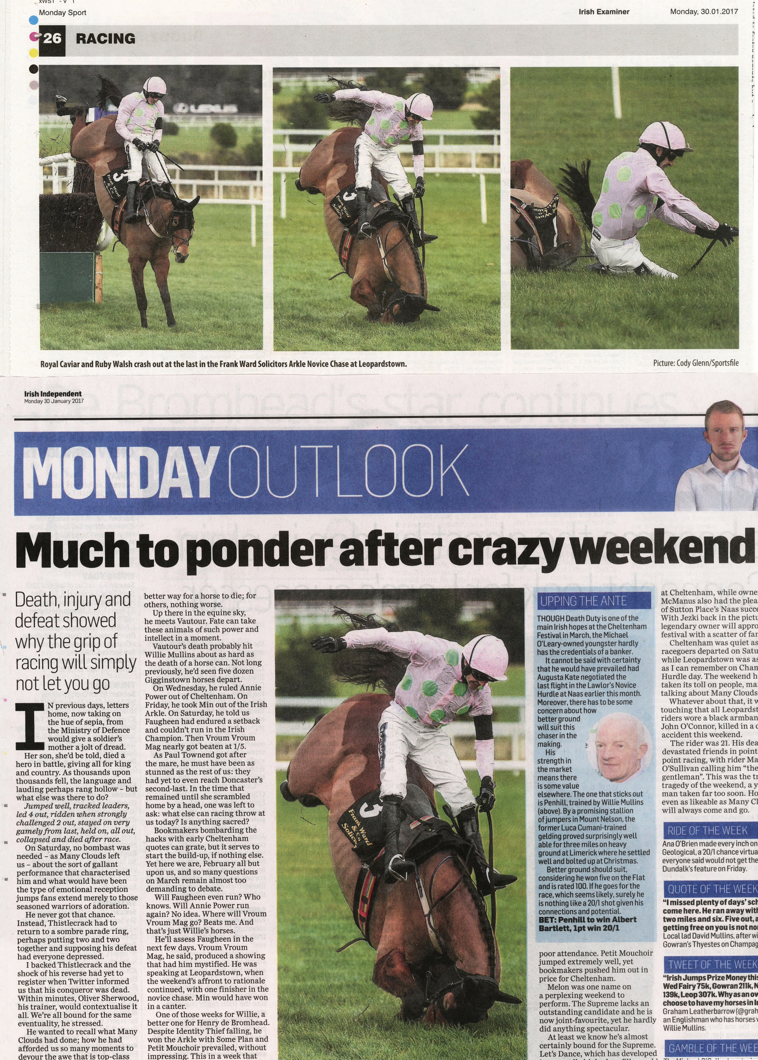  Ruby Walsh parts company with Royal Caviar over the last at Leopardstown January 30 2017  Irish Examiner / Irish Independent  