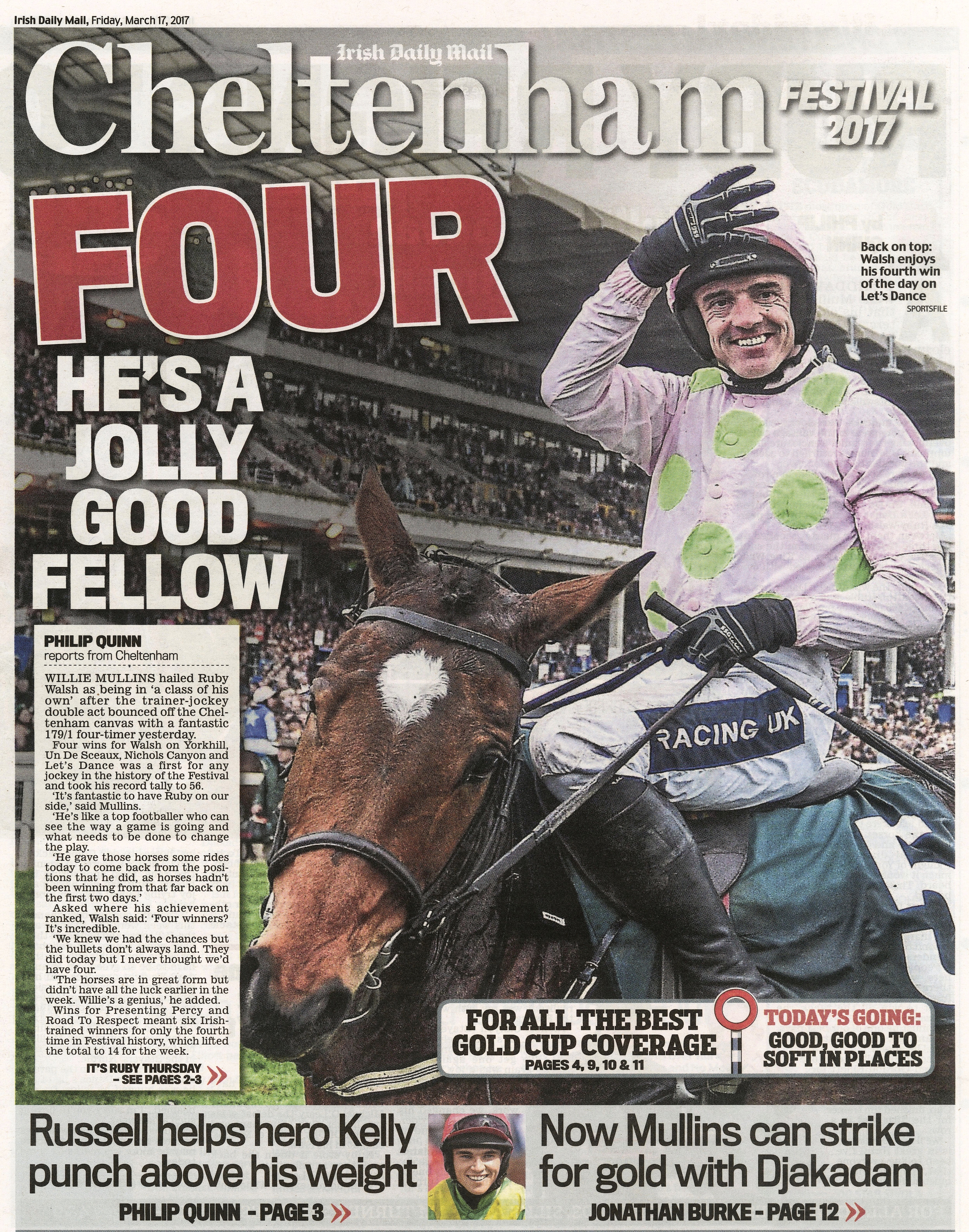  Ruby Walsh celebrates his fourth win of the day on Let's Dance at the Cheltenham Festival March 17 2017  Irish Daily Mail  