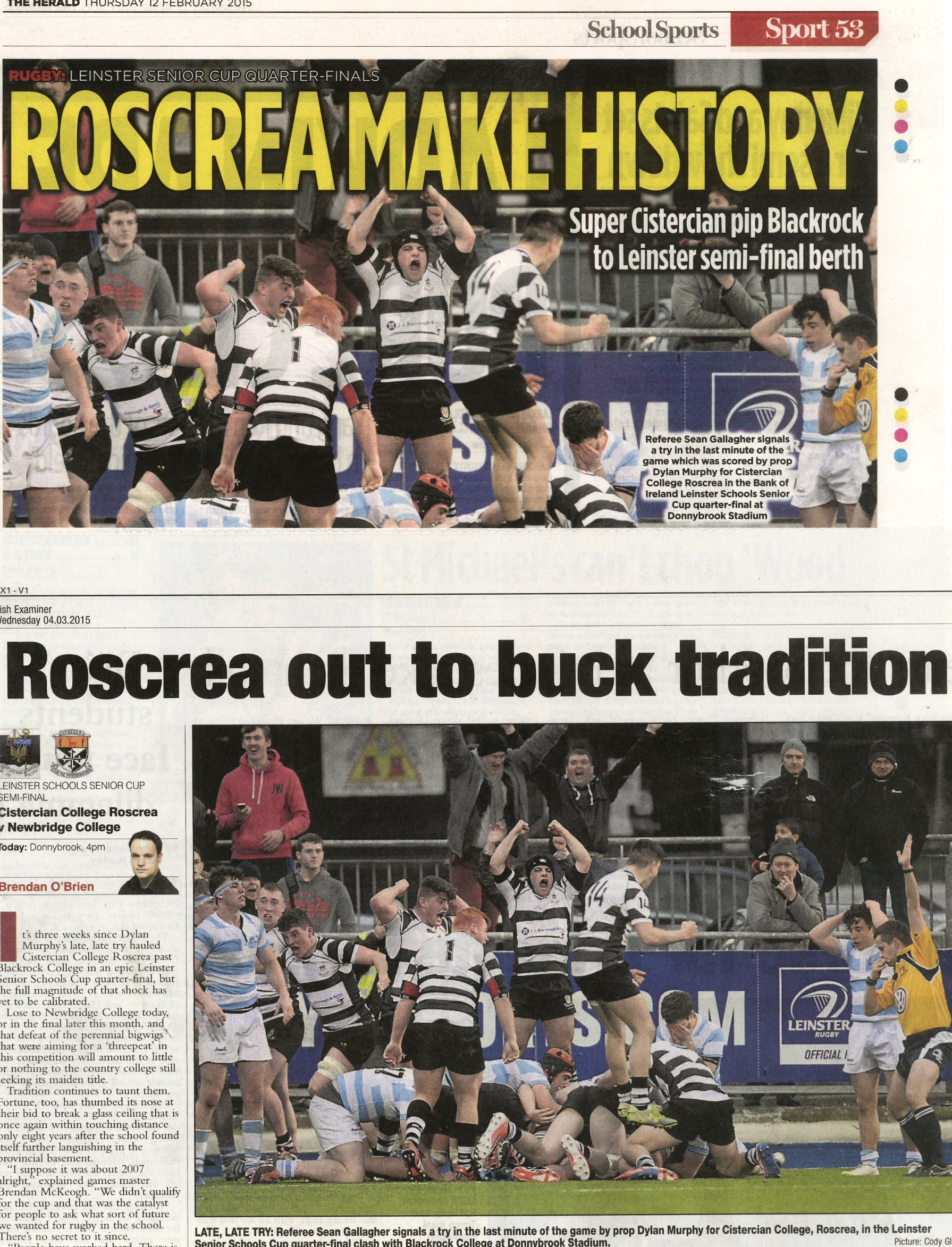  Cistercian College Roscrea upset Blackrock College with a last-minute try in the Leinster Schools Rugby quarterfinals at Donnybrook Stadium February 12 2015  The Herald / Irish Examiner  