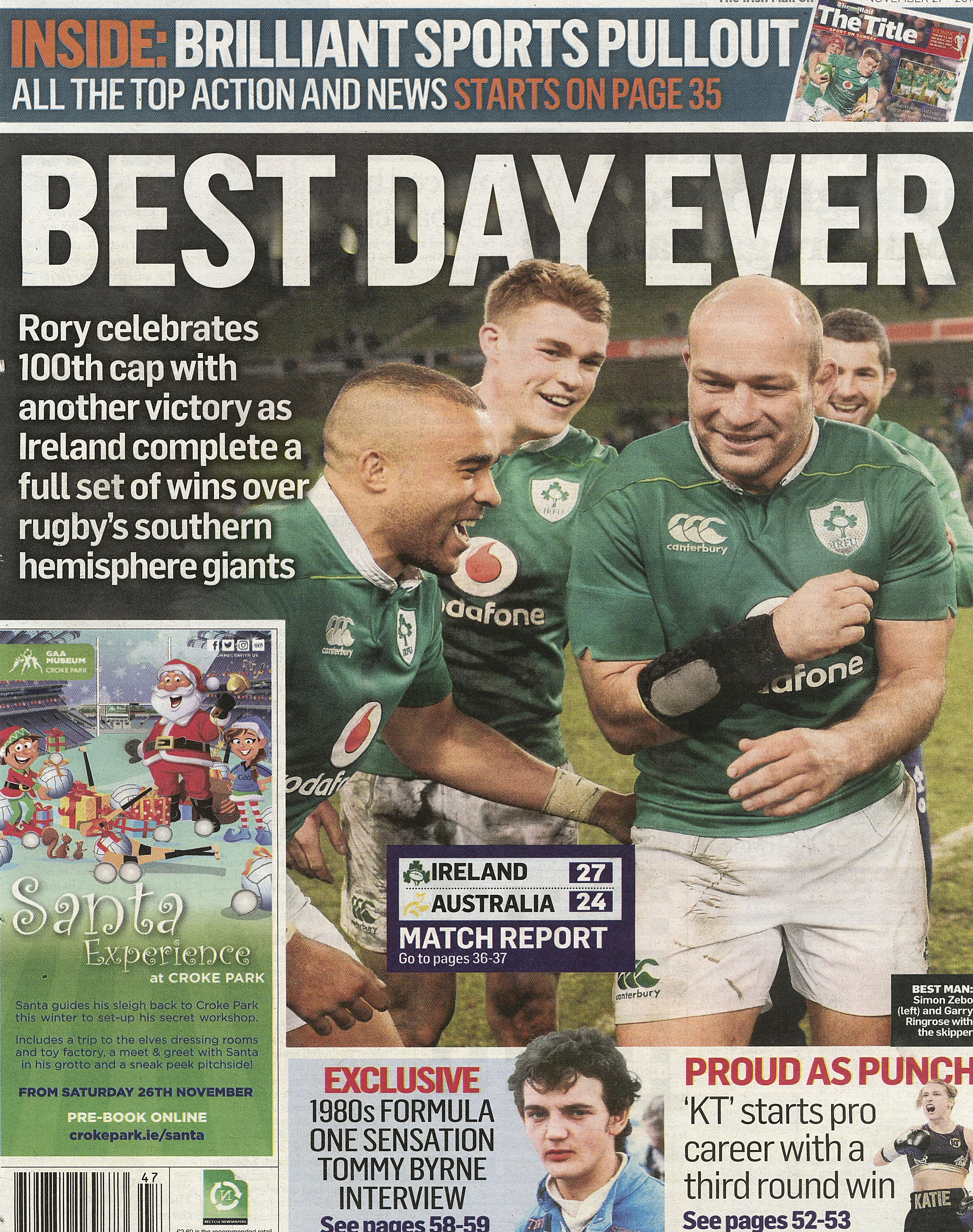  Ireland captain Rory Best and team-mates Simon Zebo and Garry Ringrose celebrate victory over Australia at Aviva Stadium. November 27 2016  Irish Daily Mail  