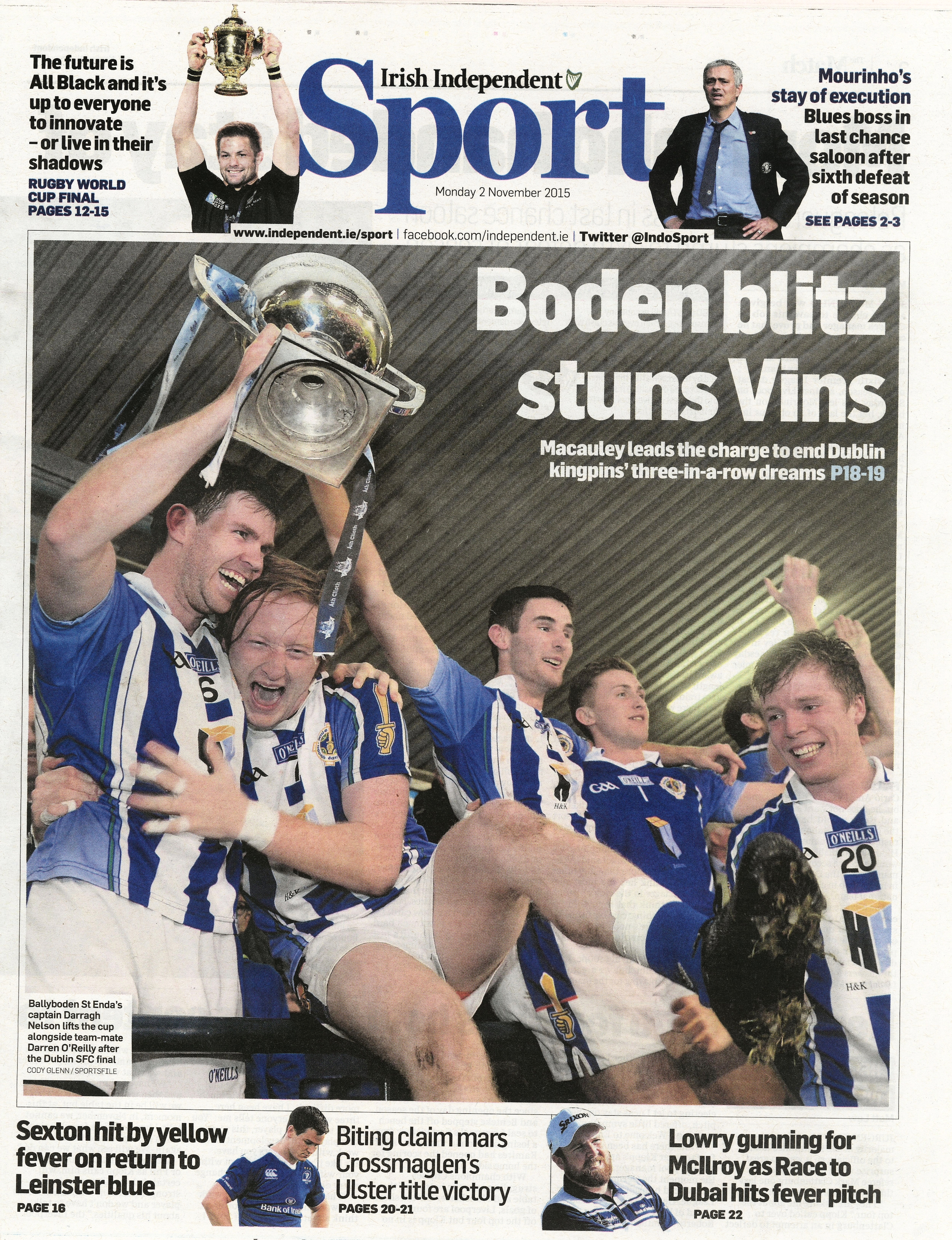  Ballyboden St. Enda's celebrate after defeating St. Vincent's to win the Leinster GAA Football Championship at Parnell Park February 7 2015  Irish Independent  