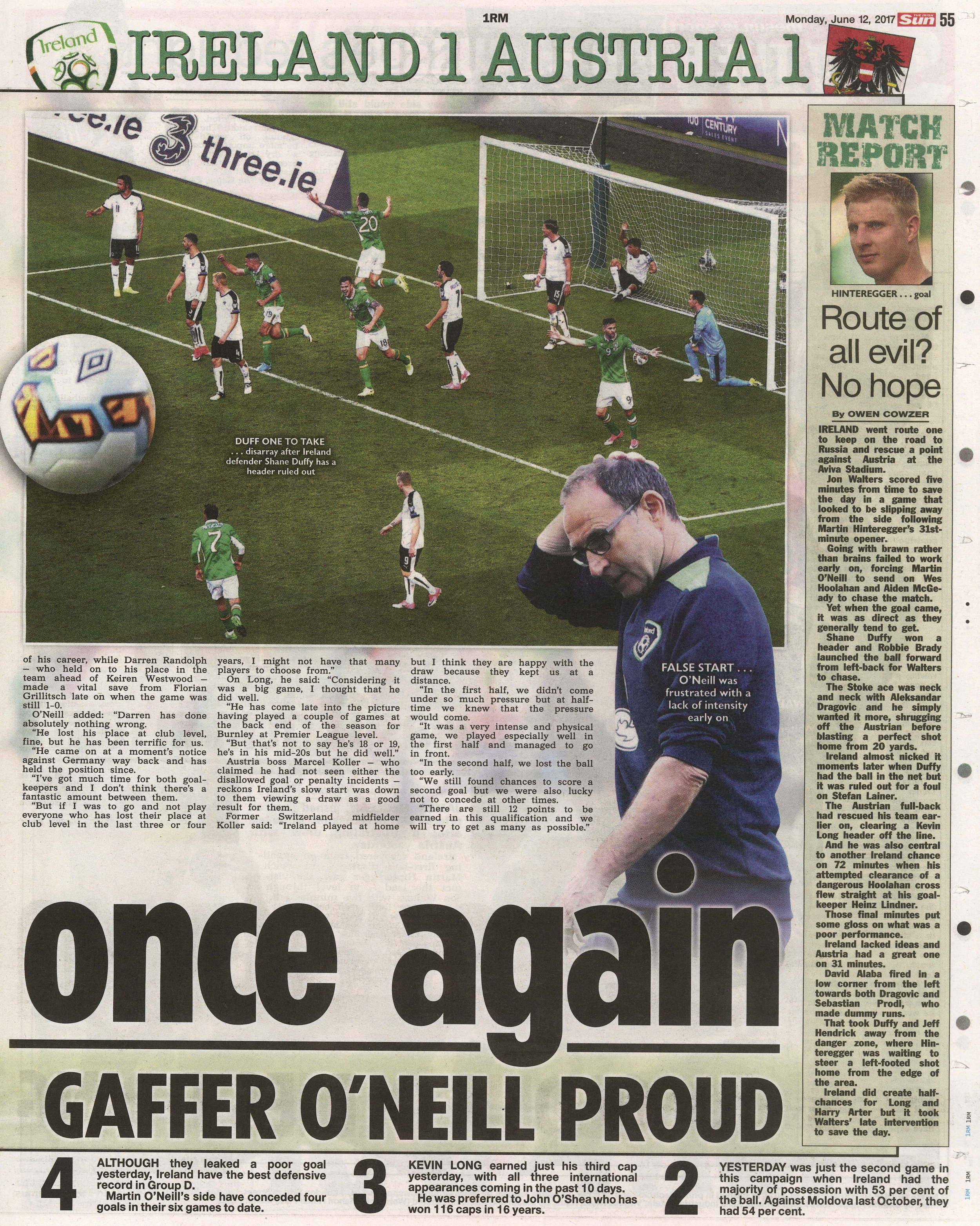  The header of Shane Duffy was ruled 'no goal' in Ireland's draw against Austria at Aviva Stadium June 12 2017  The Irish Sun   