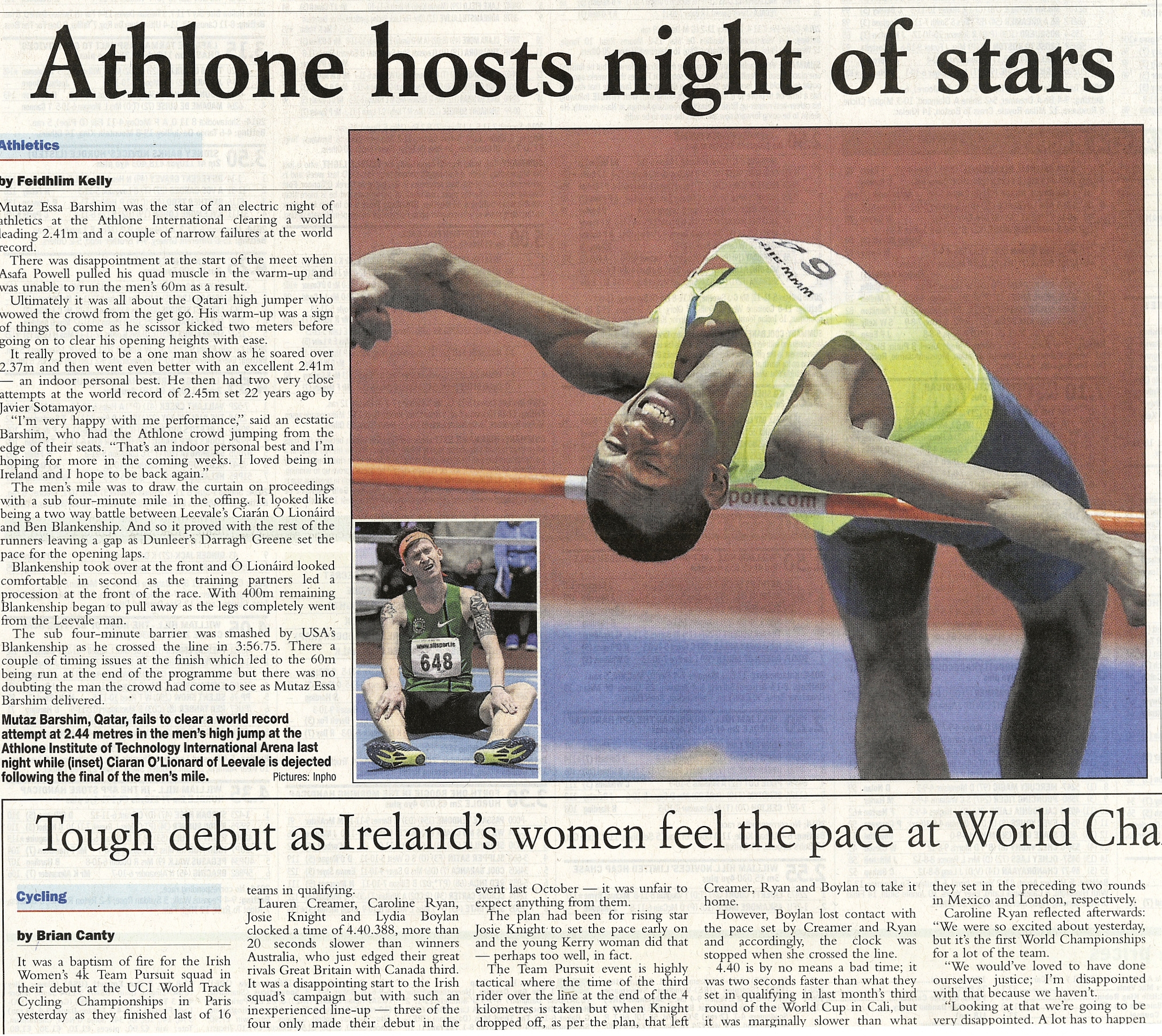 Mutaz Barshim of Qatar fails to clear a world record high jump attempt of 2.44 meters at Athlone IT February 19 2015  Irish Examiner  