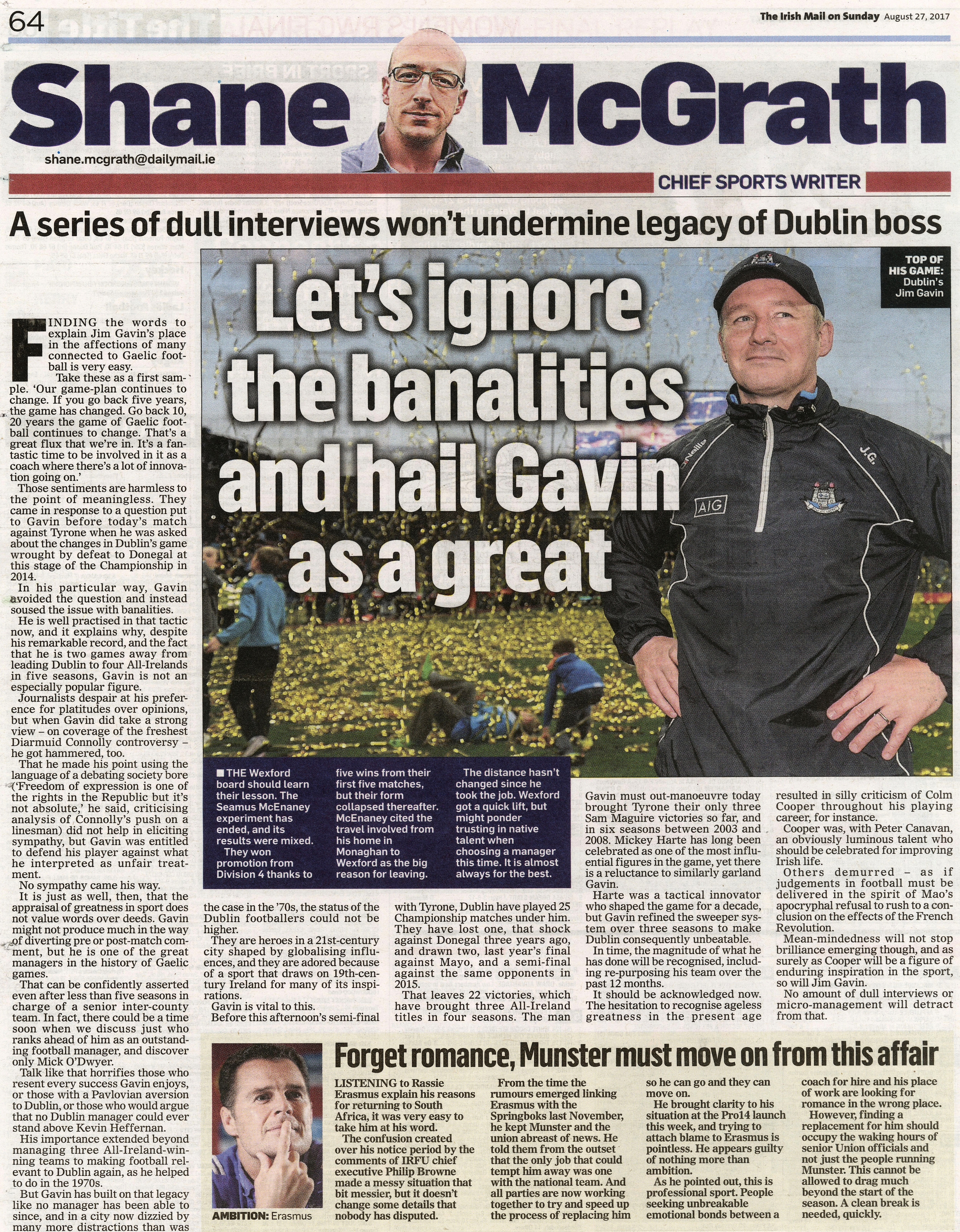  Dublin manager Jim Gavin after victory over Mayo in the All-Ireland Football Final in Croke Park October 1 2016  Irish Daily Mail  