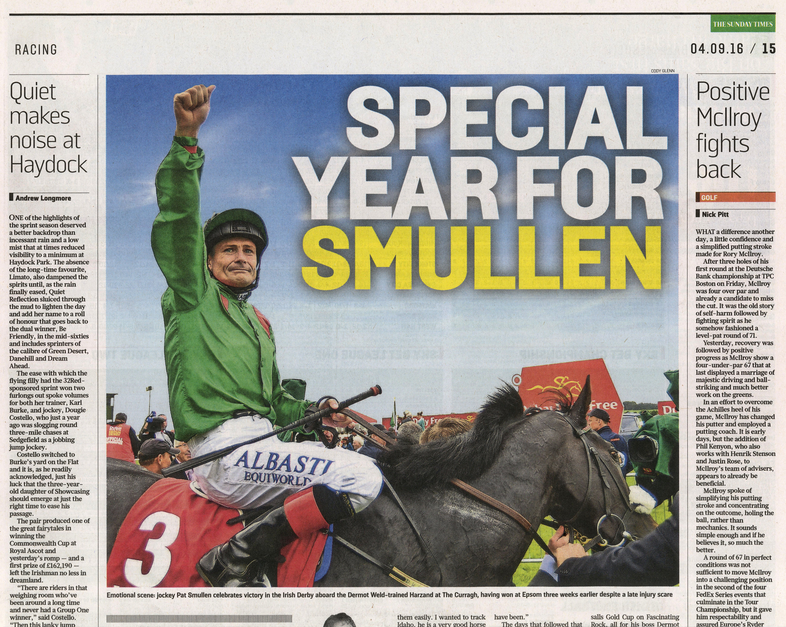  Jockey Pat Smullen celebrates winning the Irish Derby on Harzand at The Curragh September 4 2016  The Sunday Times  