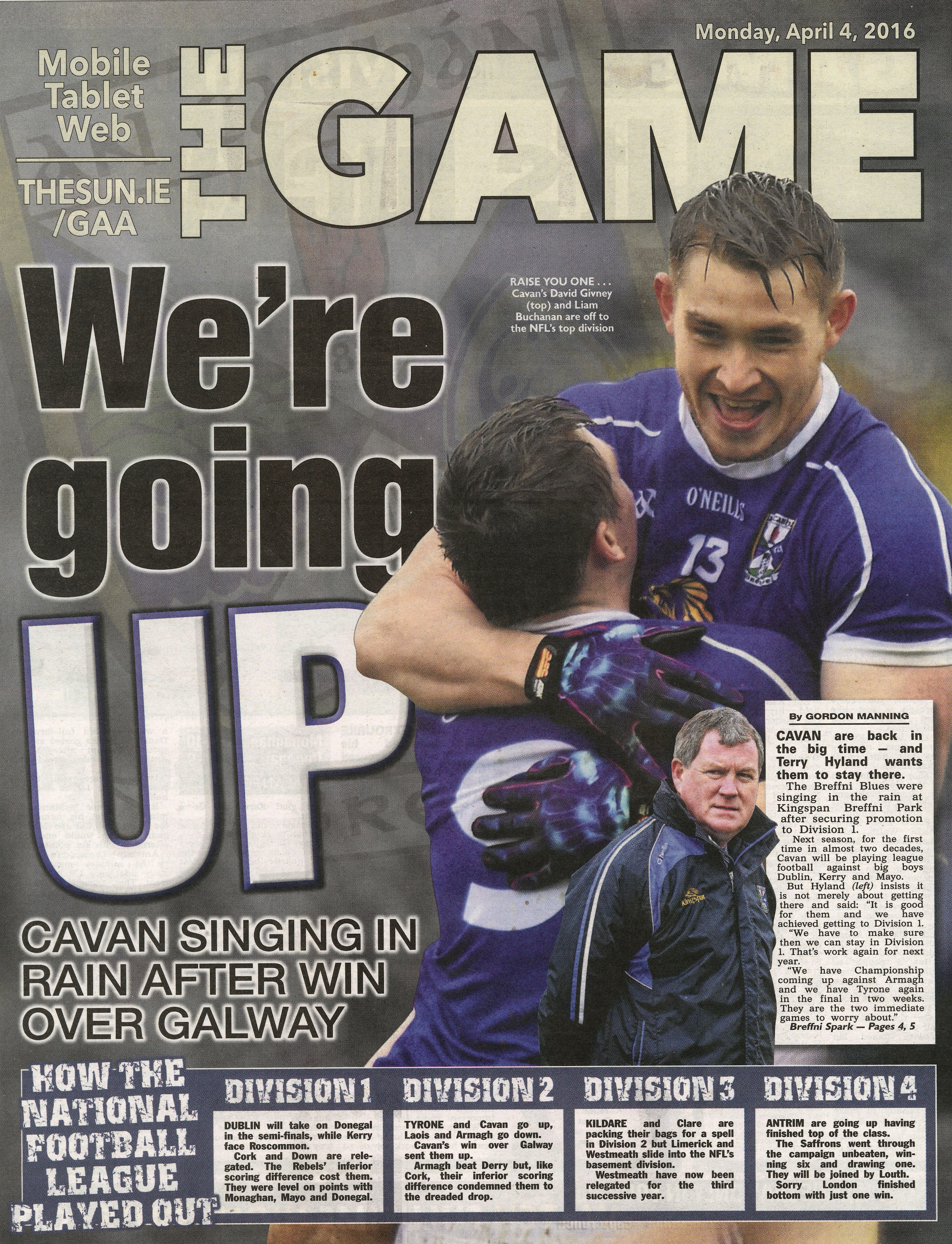  Cavan team-mates celebrate at the final whistle in their win against Galway to be promoted to Division 1 GAA Football Championships at Breffni Park April 4, 2016 /&nbsp; The &nbsp; Irish Sun  