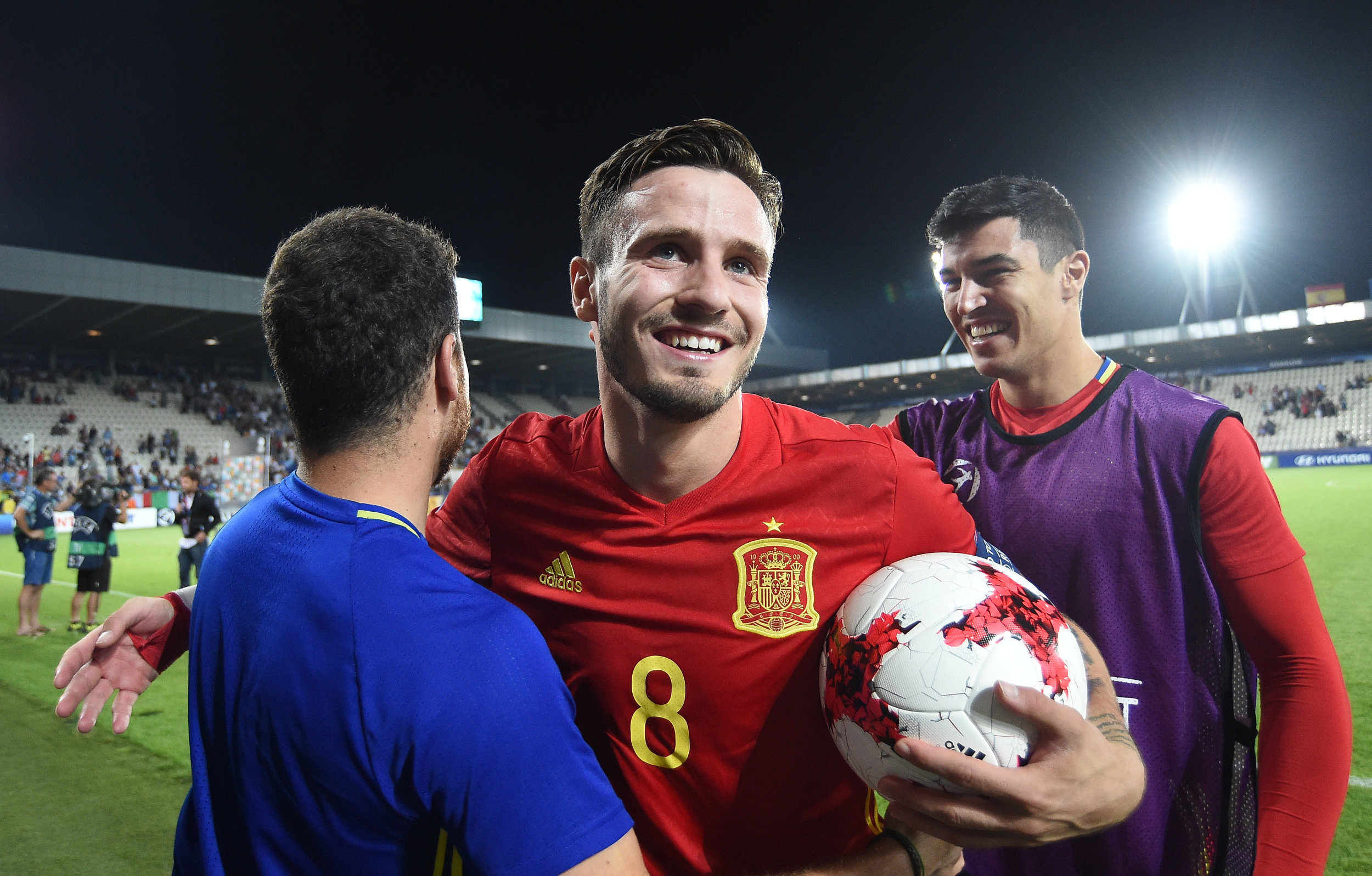  Spain's Saul earned the game ball with his hat trick against Italy in Poland 2017 /  UEFA / Sportsfile  