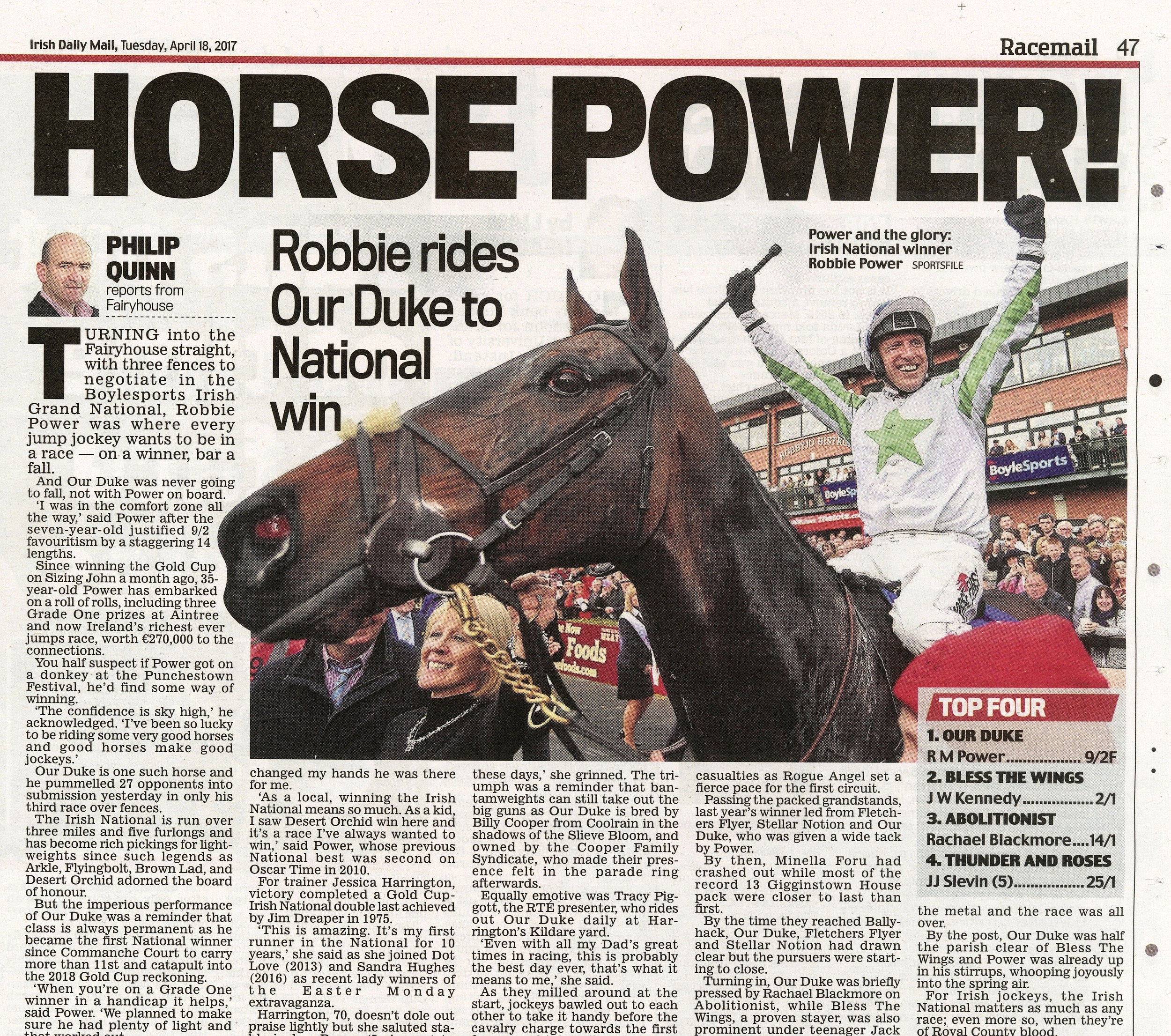 Robbie Power celebrates winning the Irish National on Our Duke at Fairyhouse Racecourse April 18 2017  Irish Daily Mail  