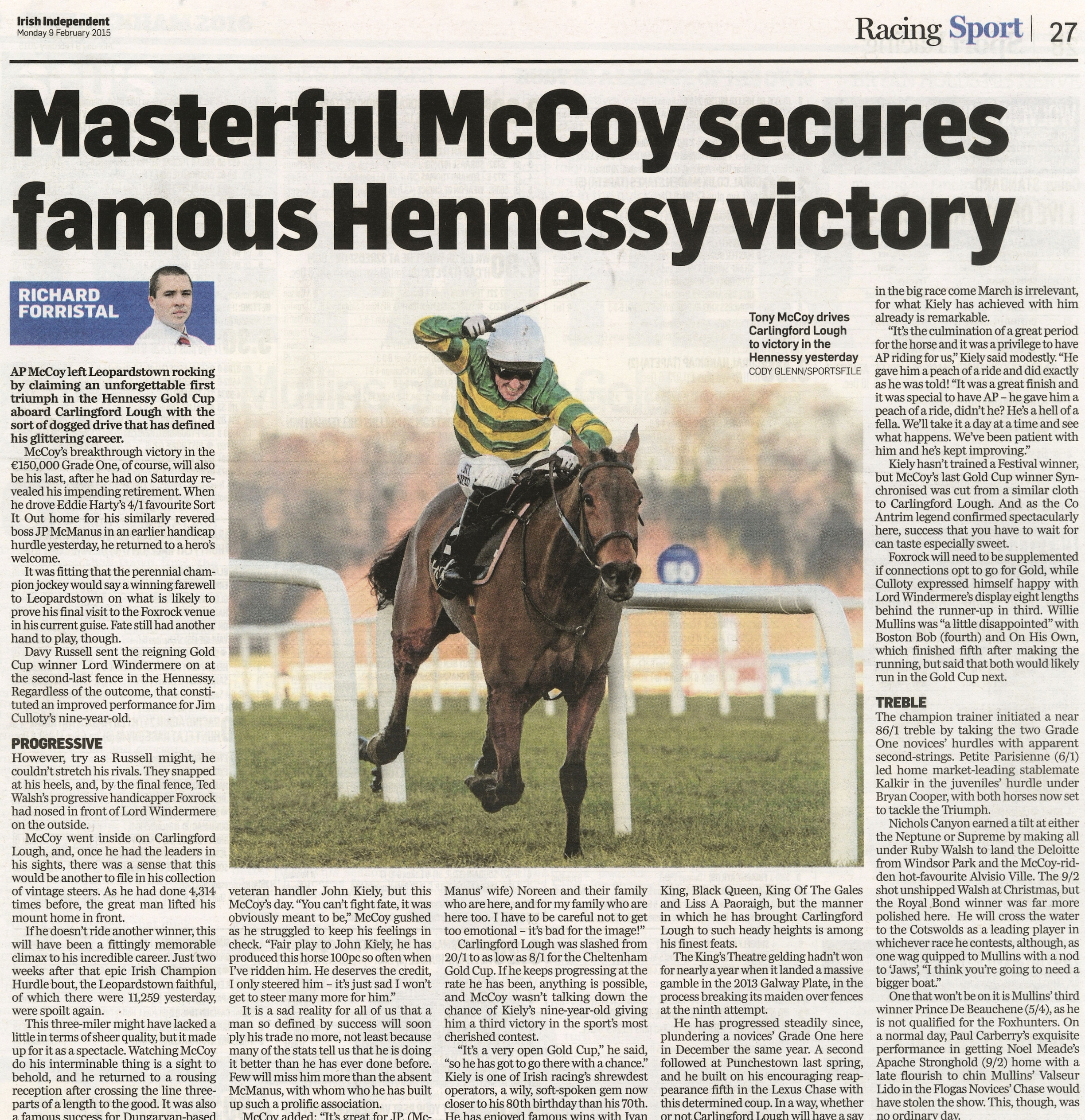  A.P. McCoy celebrates winning the Irish Gold Cup on Carlingford Lough at Leopardstown February 8 2015  Irish Independent  