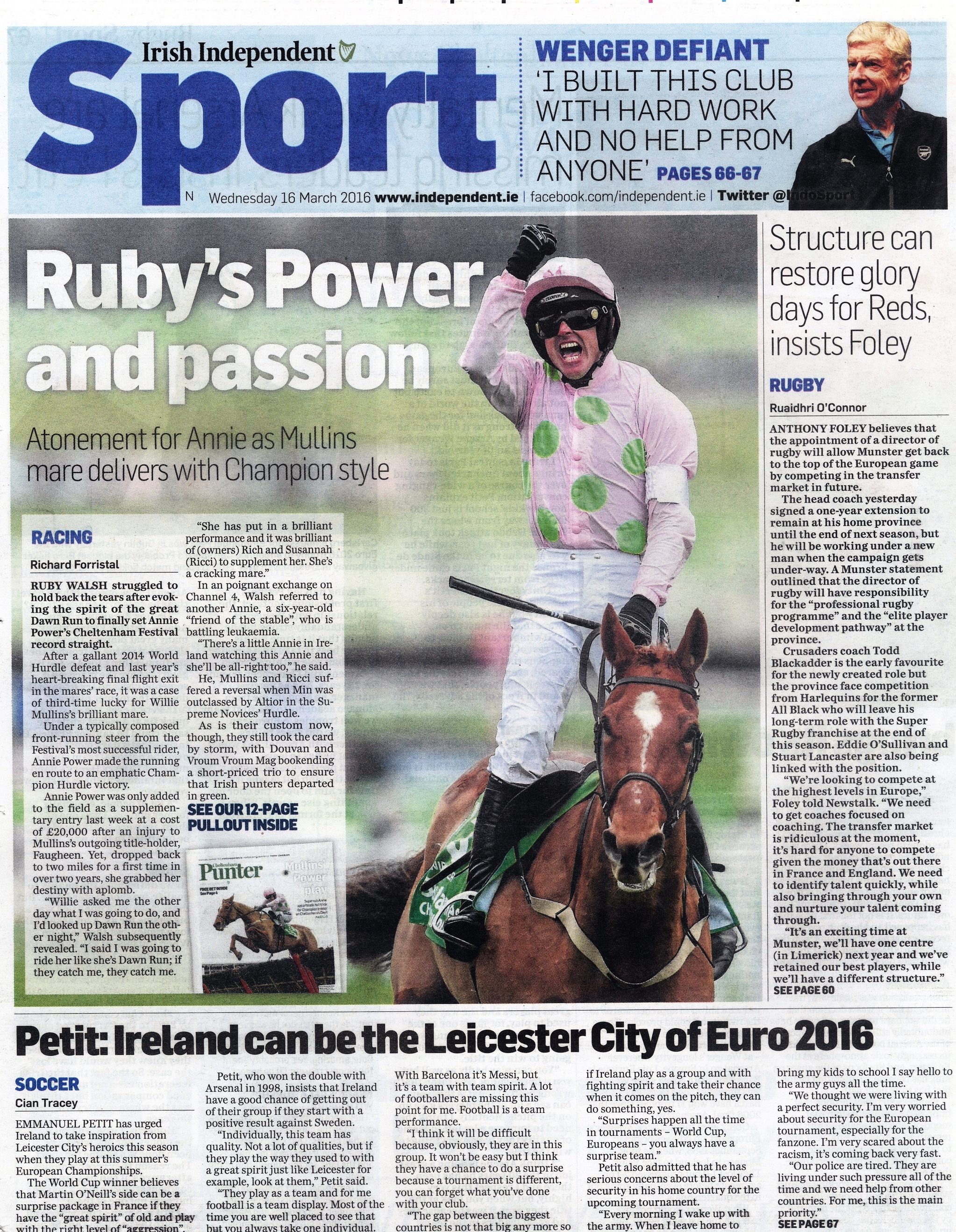  Ruby Walsh celebrates winning the Champion Hurdle on Annie Power during The Cheltenham Festival &nbsp; March 16 2016  Irish Independent  