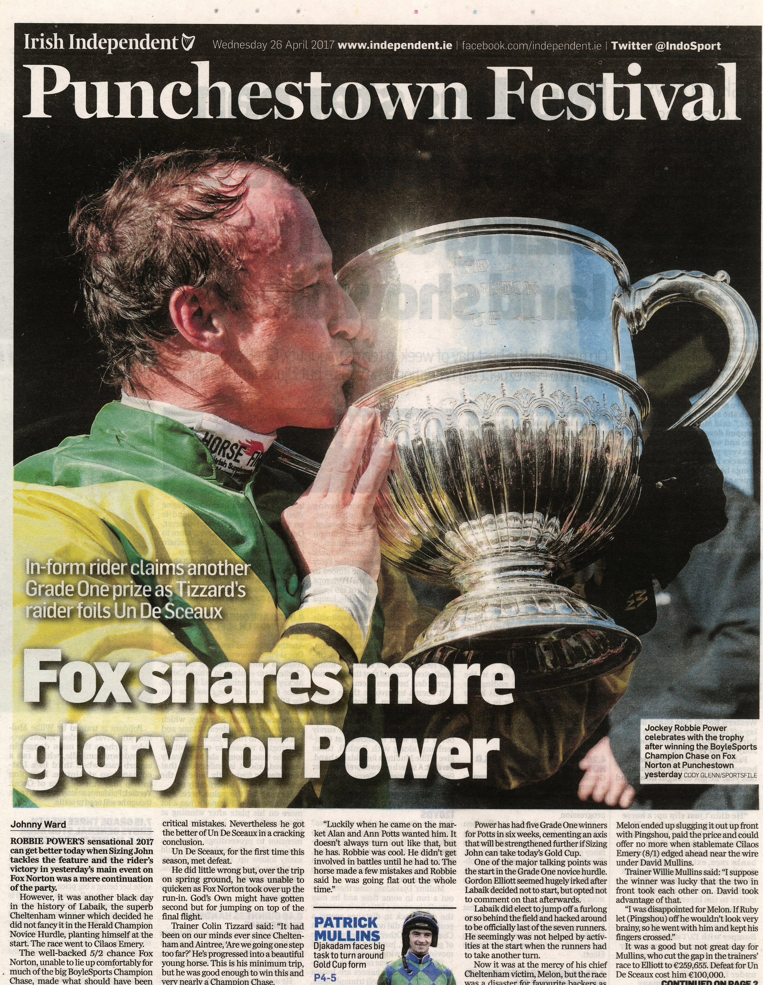  Robbie Power celebrates with the trophy after victory on Fox Norton at Punchestown Festival &nbsp; April 26 2017 &nbsp; Irish Independent  