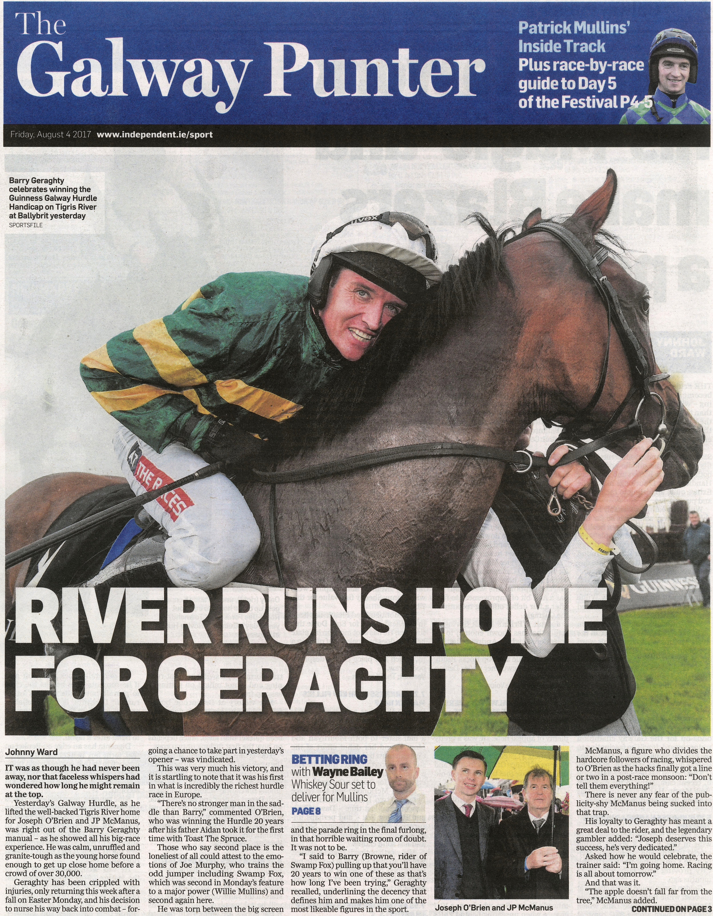  Barry Geraghty celebrates after winning the Galway Hurdle on Tigris River at Galway Festival August 4 2017  Irish Independent  