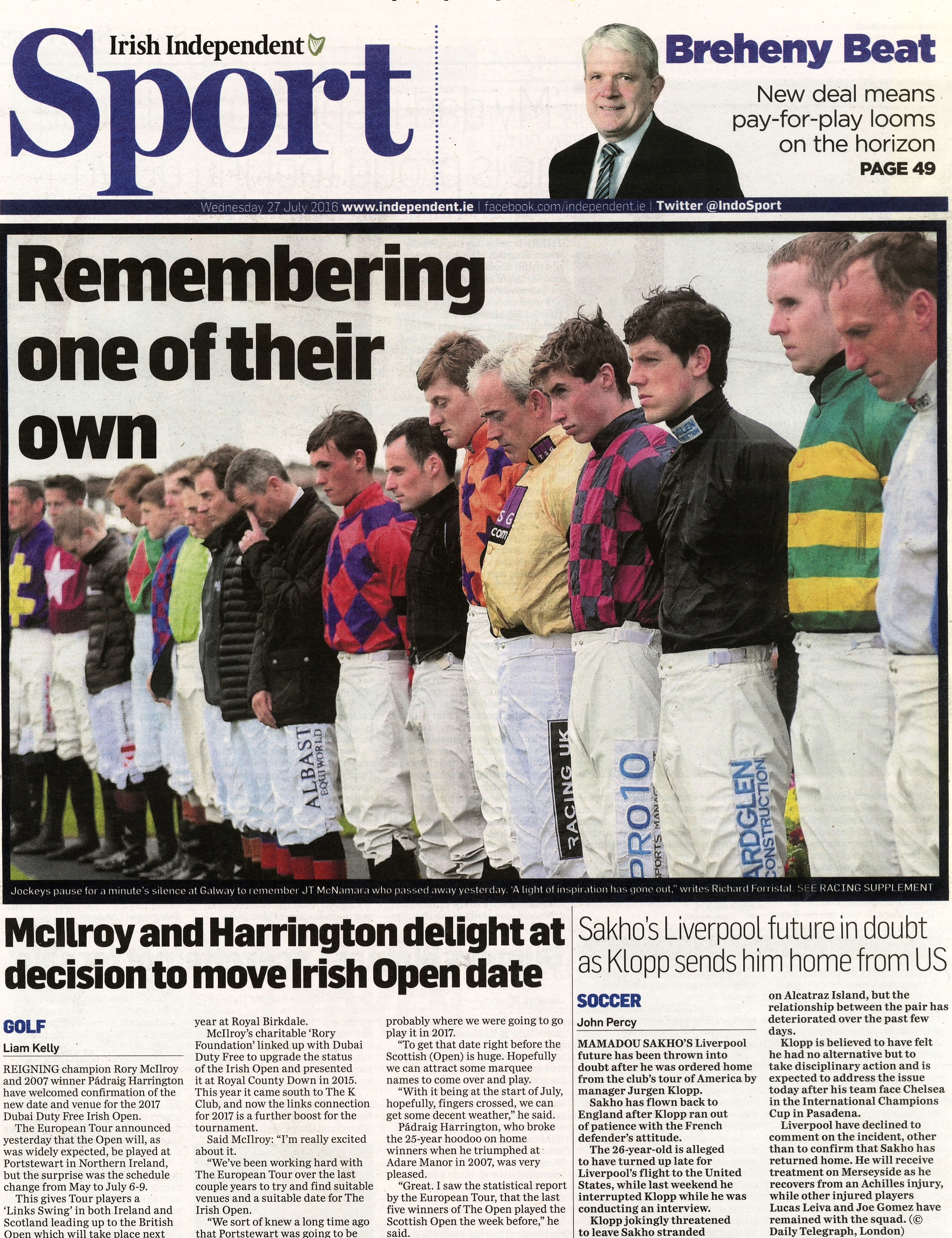  Jockeys during a minute of silence for late jockey JT McNamara during Galway Festival July 27 2016  Irish Independent  