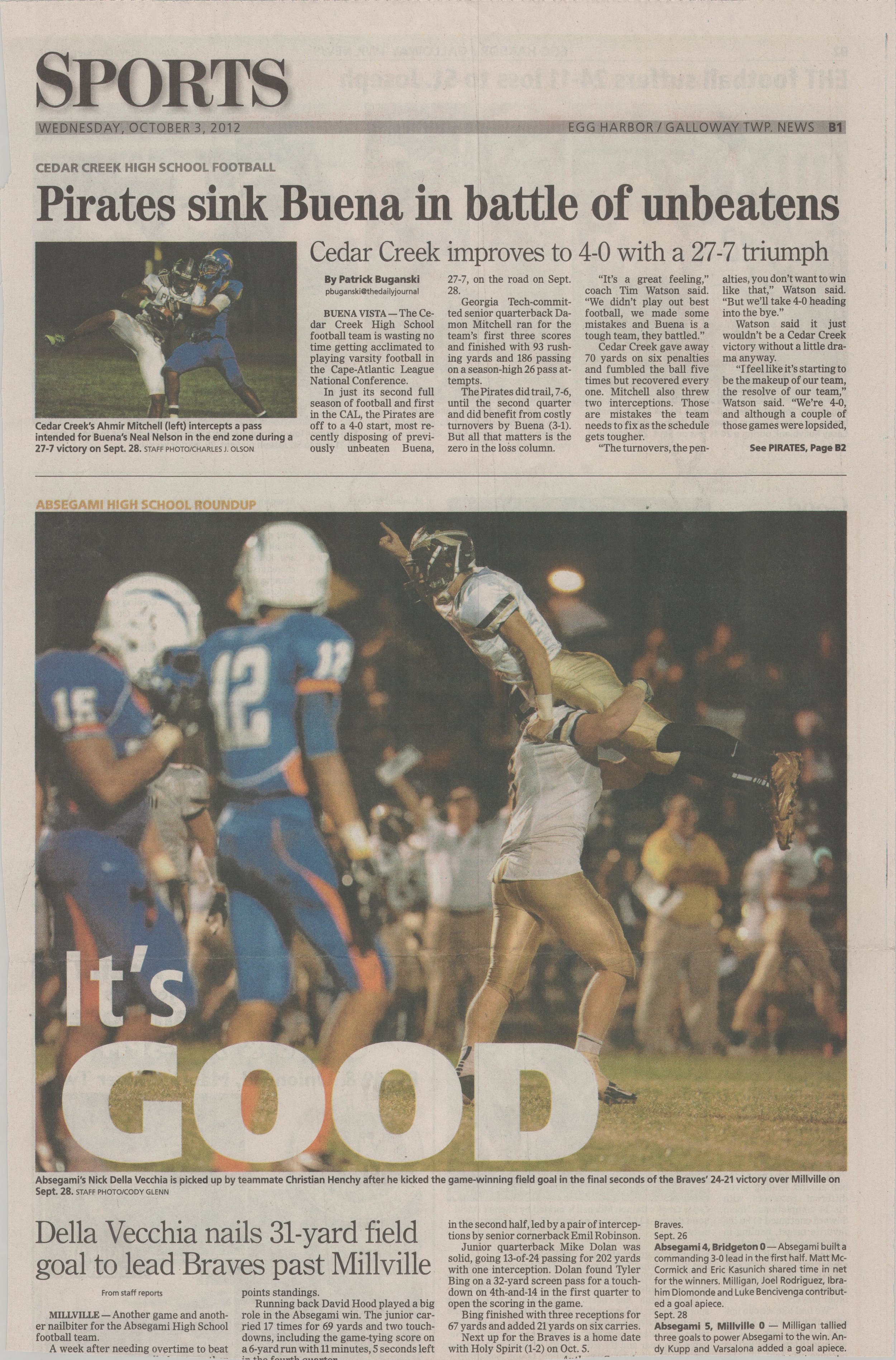  Absegami walk-off field goal to beat Millville October 3, 2012 /  Egg Harbor Township / Galloway Township News  