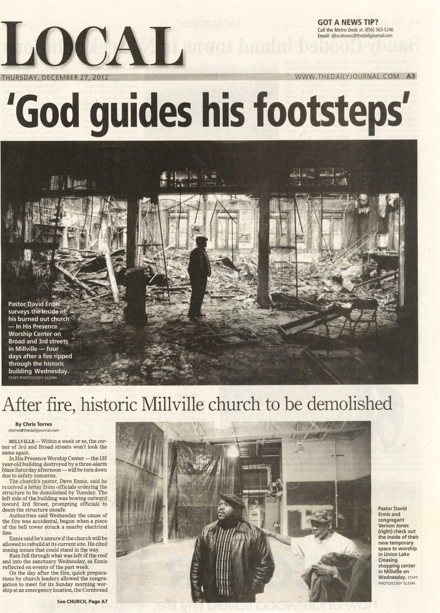  Pastor David Ennis surveys the aftermath of a fire in his Millville church December 27 2012 /  The Daily Journal  