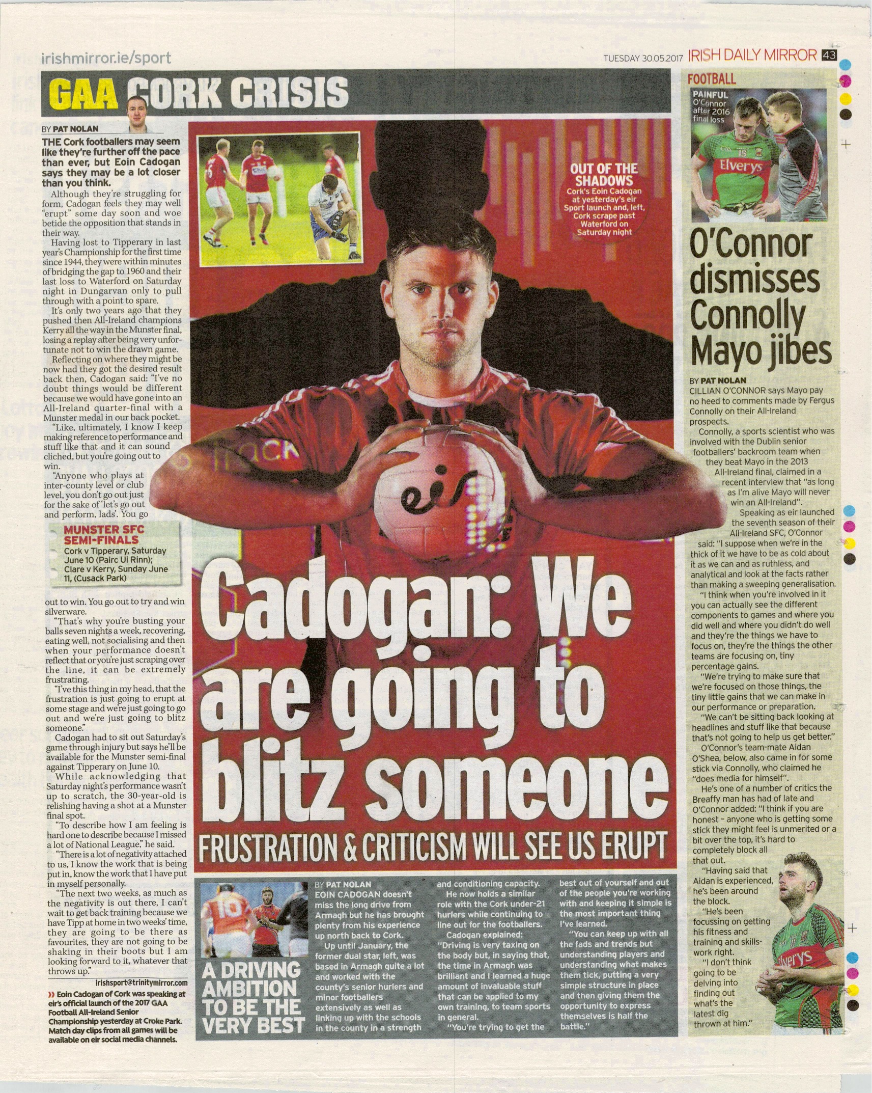  Cork gaelic footballer Eoin Cadogan portrait May 30 2017 /  Irish Daily Mirror  