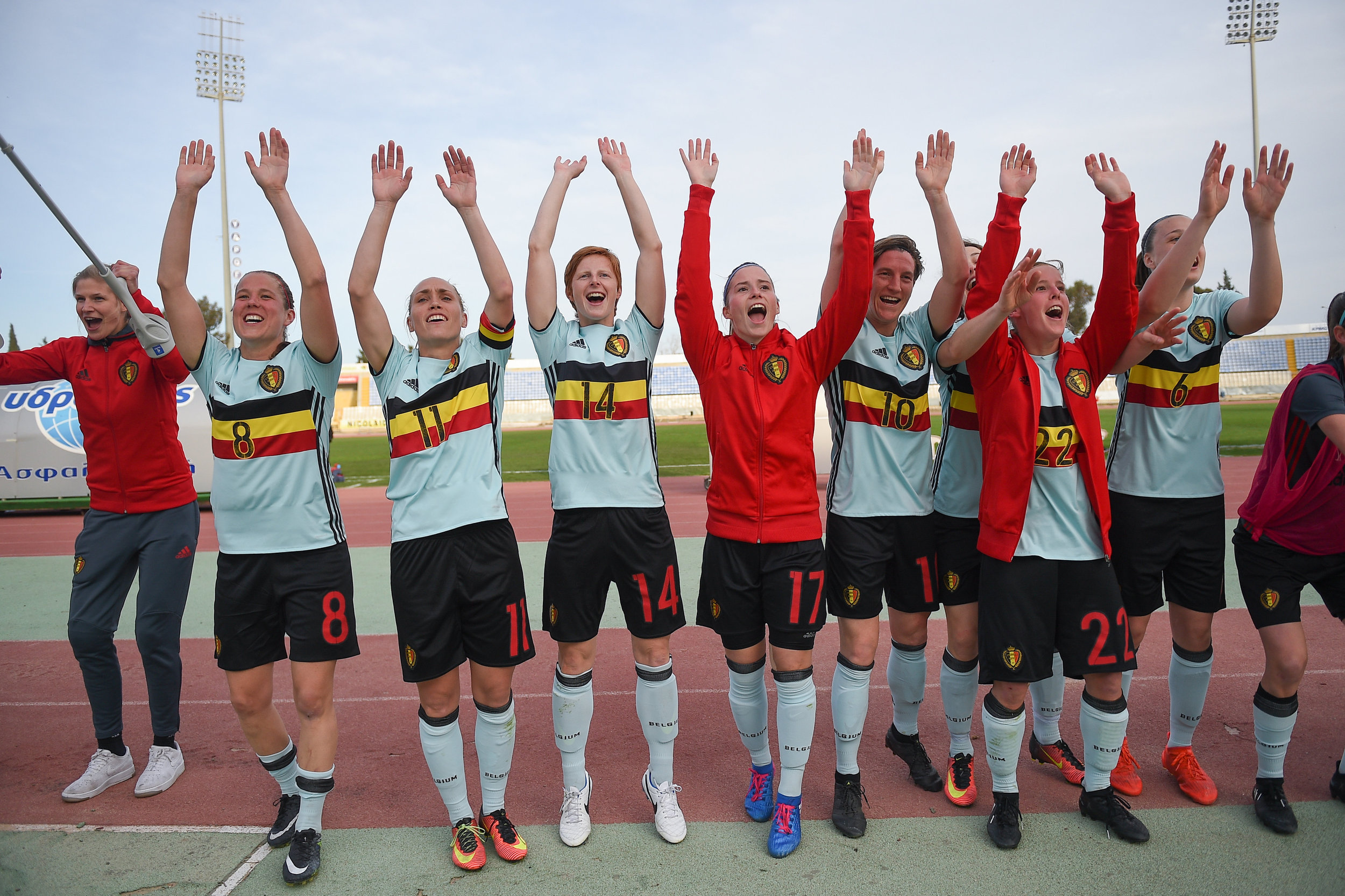  Belgium players celebrate their victory against Austria following their Cyprus Women's Cup 2017 Match&nbsp; /  UEFA / Sportsfile  