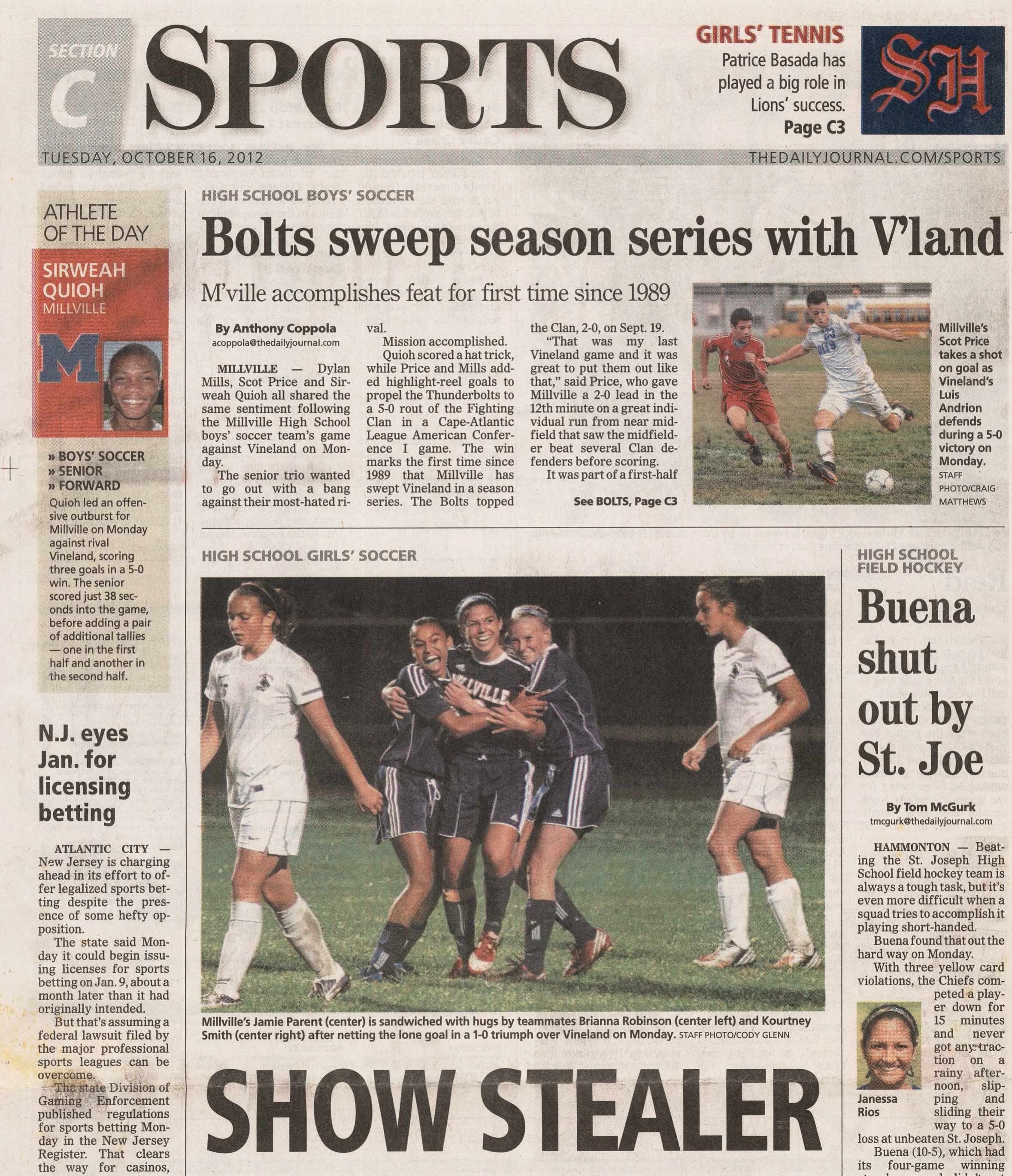  Millville v Vineland girls soccer October 16 2012 /  The Daily Journal  