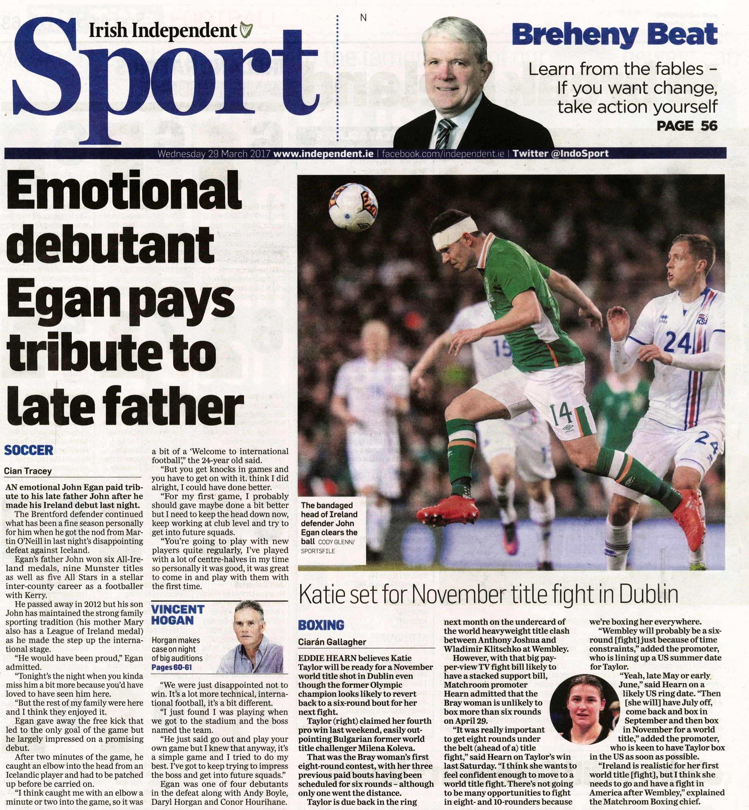  Republic of Ireland defender John Egan sees his first action for the national team against Iceland. March 29 2017  Irish Independent  