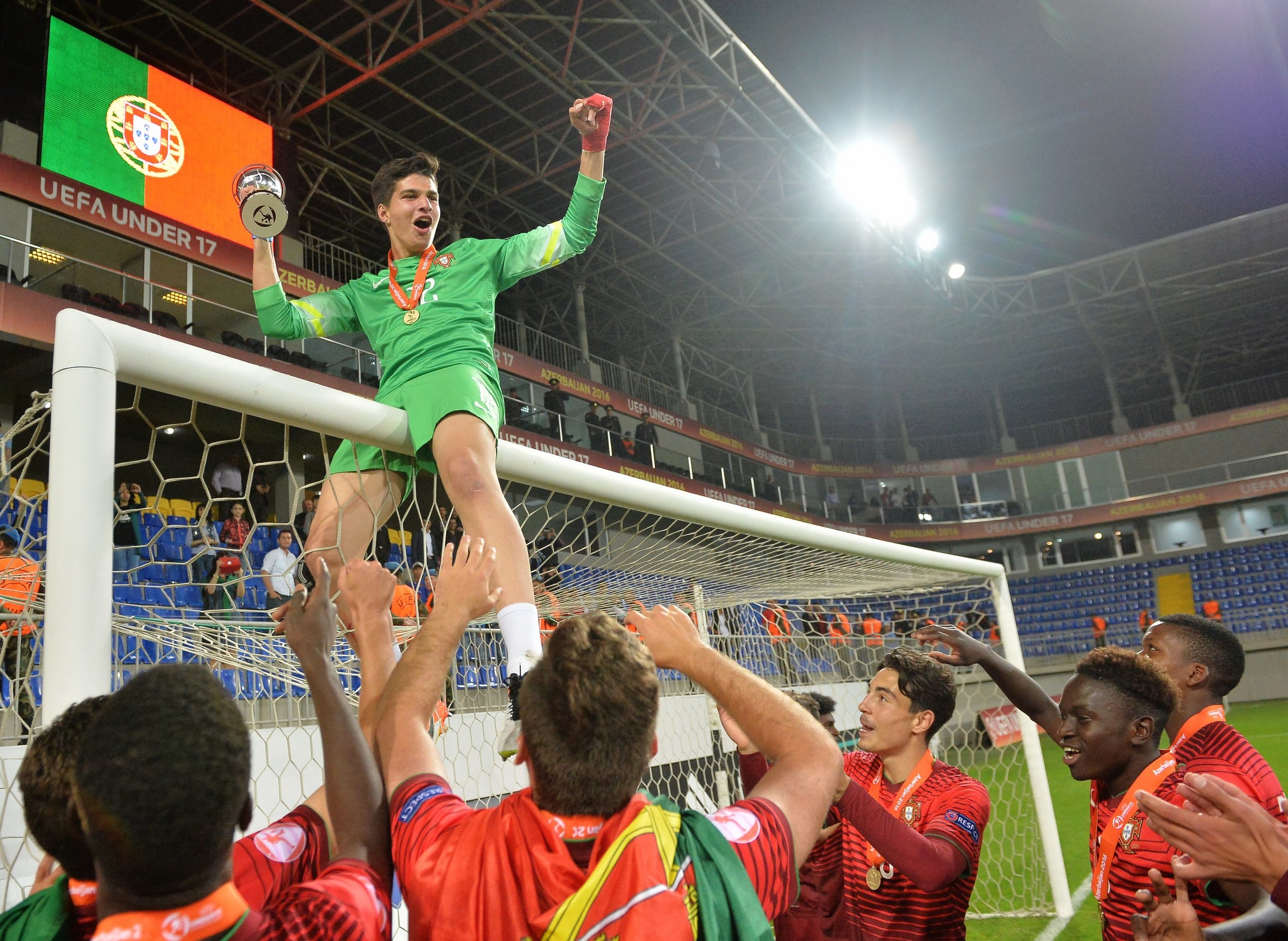  Portugal goalkeeper Joao Virginia celebrates victory against Spain in Azerbaijan 2016 /  UEFA / Sportsfile  