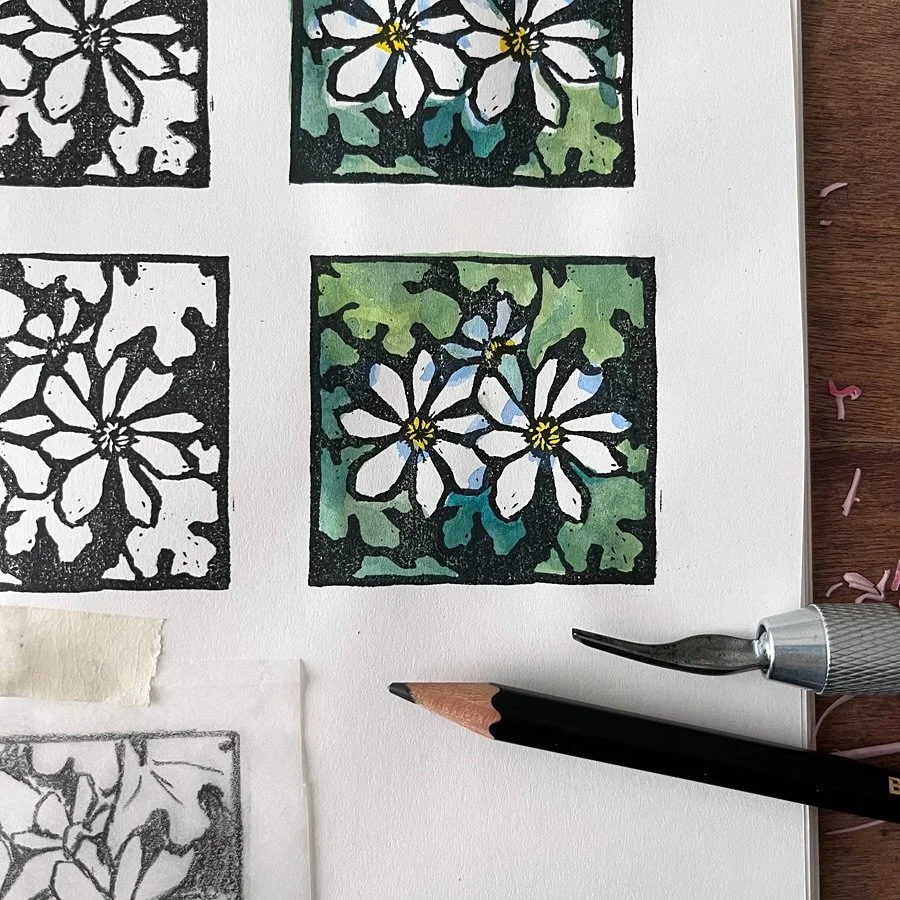 Sneaky bloodroot is always the first to announce its spring. I love seeing where the ants decide to plant them every year. It almost looks like snow from far away. #handcarvedstamp #linocut #printmaking #blockprint #bloodroot