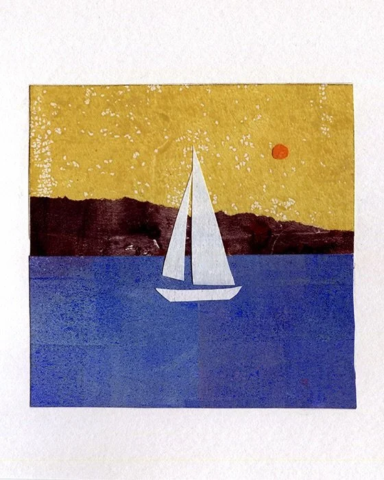 I&rsquo;m not a boat person, yet. Feel free to invite me on your boat though. I do appreciate them from afar. May was collage month for me and this is part of what ensued. #printmaking #sailboatsart #regatta #gelliplate #collage