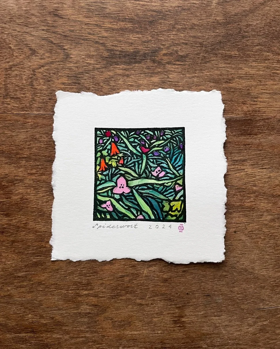 Spiderwort, a terrible name for a plant, but I never forget it, so maybe it&rsquo;s a great name. And Columbine.

This one was a bit more tedious to print because I painted the entire underlayer with gouache. The test prints were done with marker to 