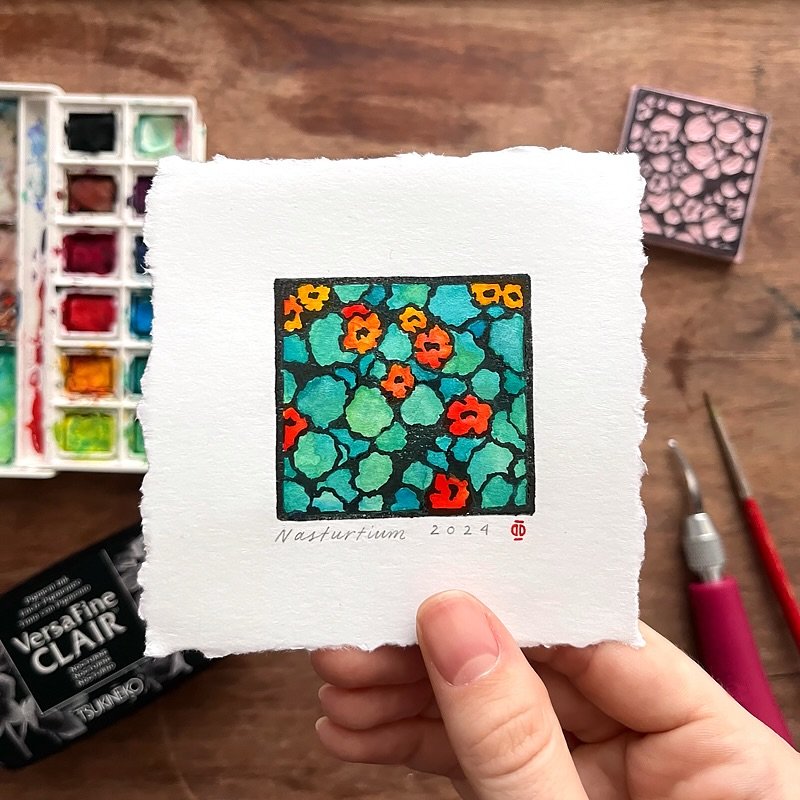 Visited my cousin and fell in love with the nasturtiums growing outside. I had to turn them into a print. #handcarvedstamp #linocut #printmaking #blockprint #nasturtium