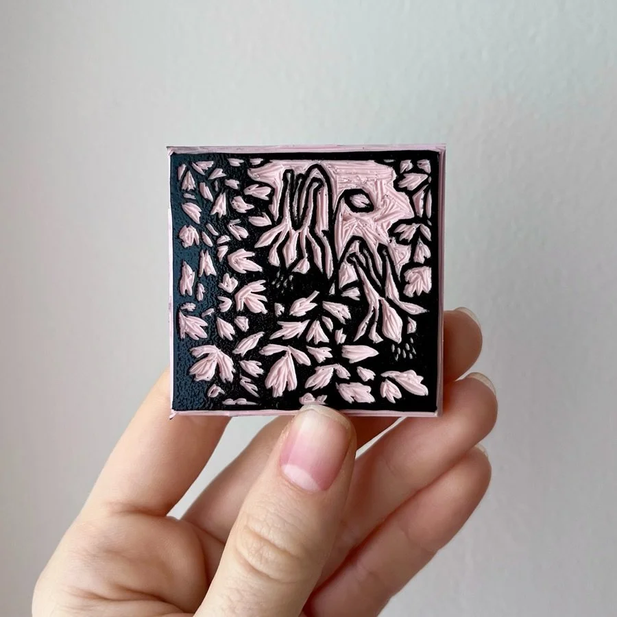 A freshly inked carve is scrumptious. Thanks for all the love on this little lino series. I&rsquo;m just getting back from vaycay and it was really fun coming home to all your sweet comments. <3 #handcarvedstamp #linocut #printmaking #blockprint #