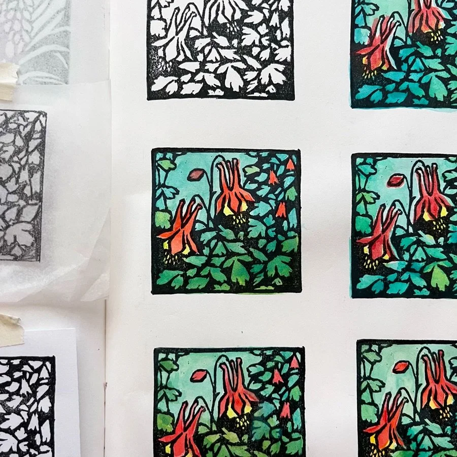 My mom&rsquo;s garden is a sea of Columbine in the spring. I&rsquo;m pretty sure fairies live nearby. 🧚#handcarvedstamp #linocut #printmaking #blockprint #Columbine
