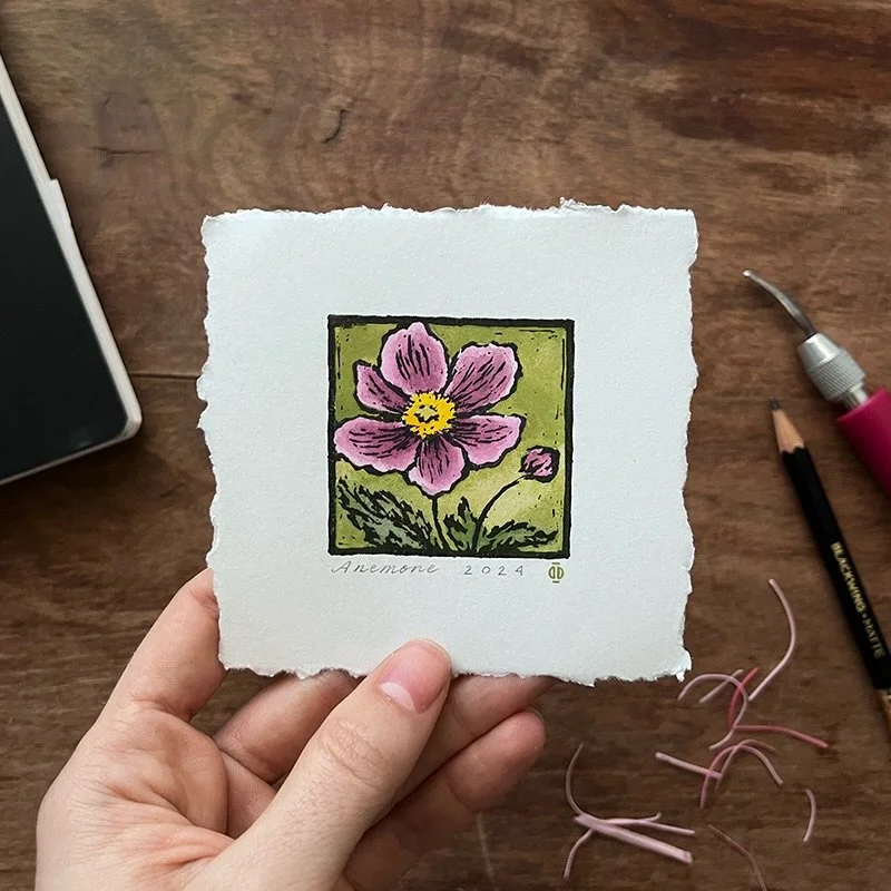 Some flowers are just so elegant. 

P.S. I was also called out for including a smiley face in the center, whoops. A happy mistake lol. I don&rsquo;t have the heart to carve it away. 

#japaneseanemone #linocut #linocutprint #handcarvedstamp #printmak