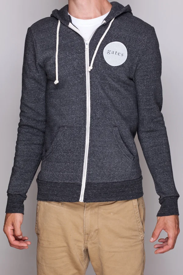 White print on heather black zip-up hood. Printed on super soft Alternative Apparel Slim Fit.