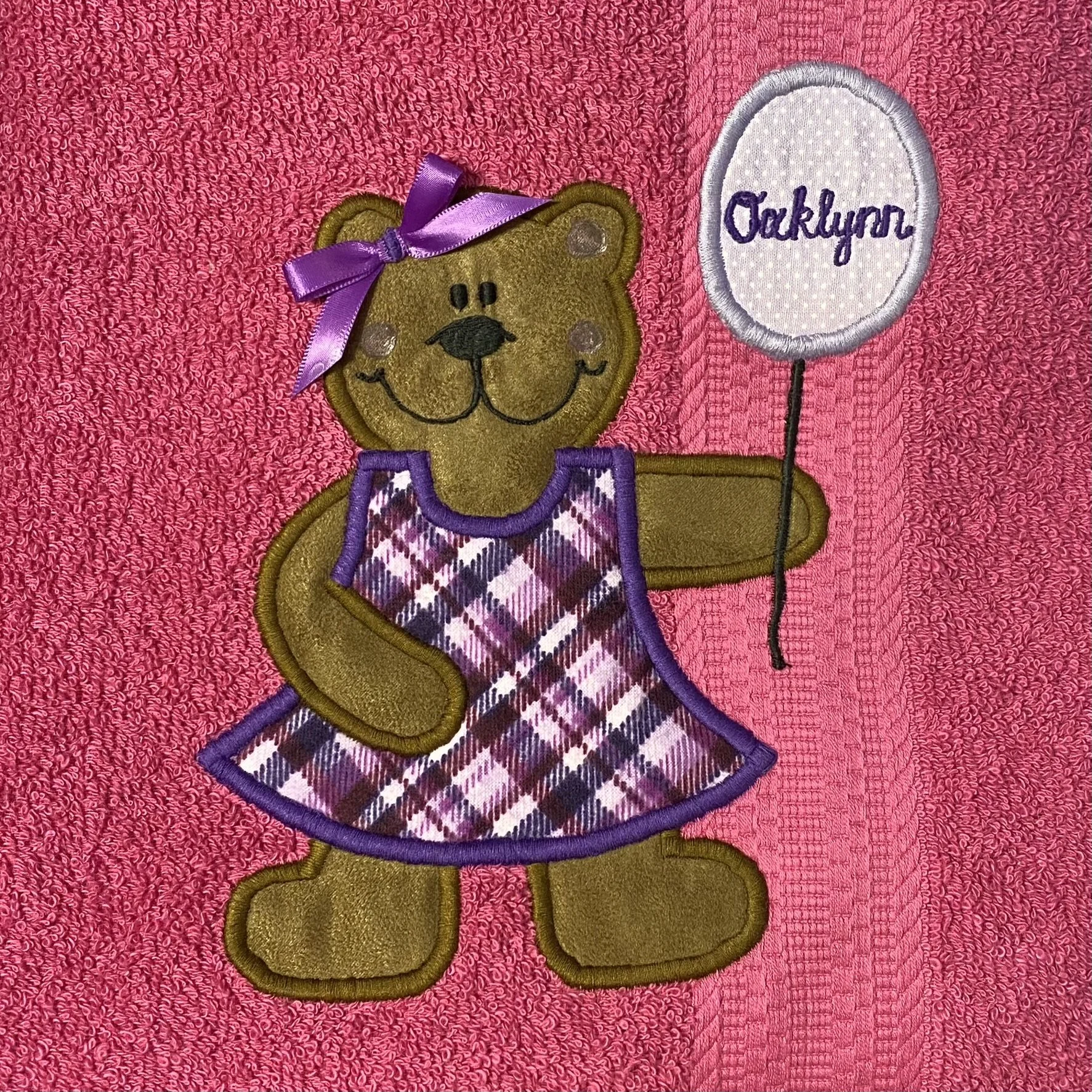 Balloon Bear on Pink Towel with Pruple Dress