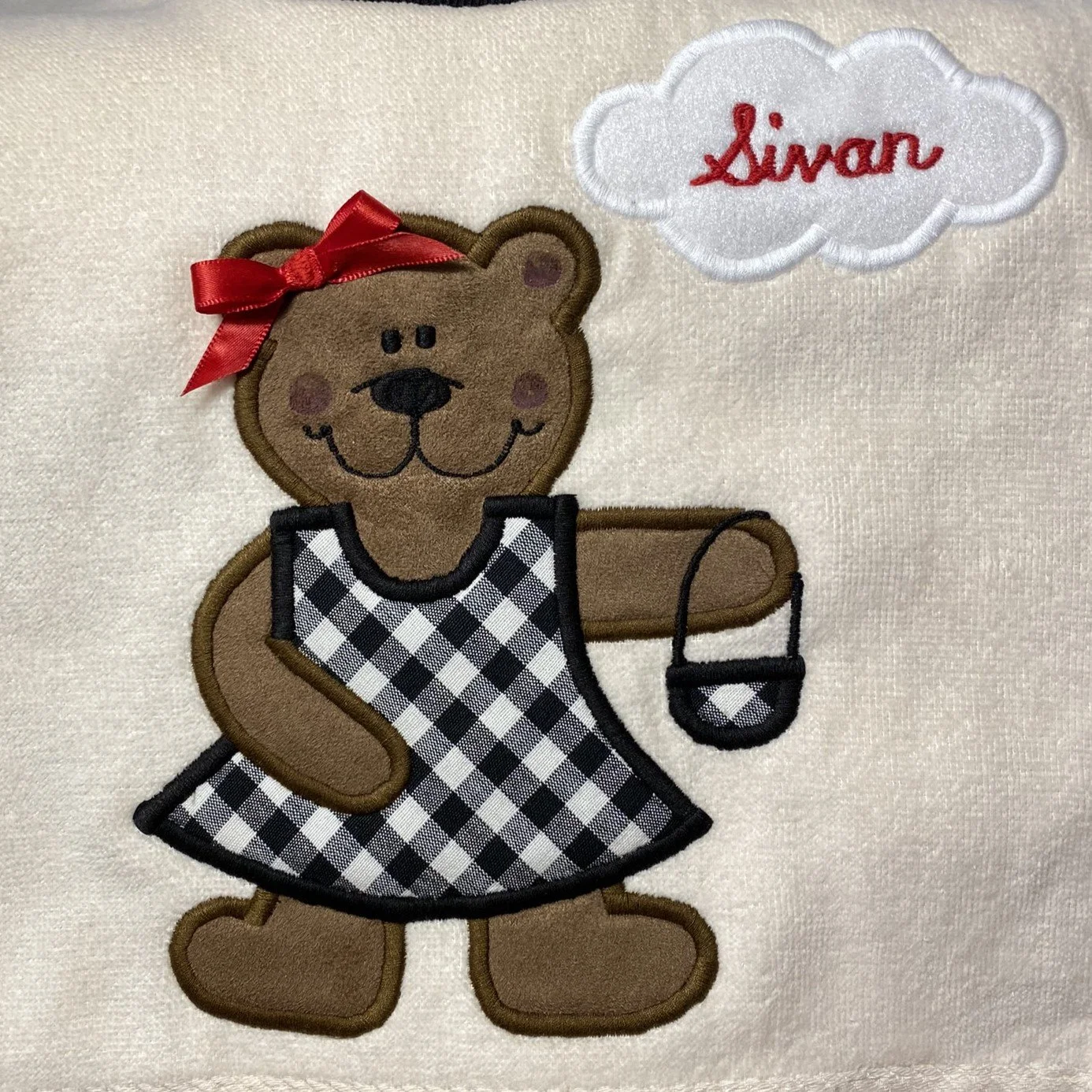 Girly Bear on Cream with Gingham Dress