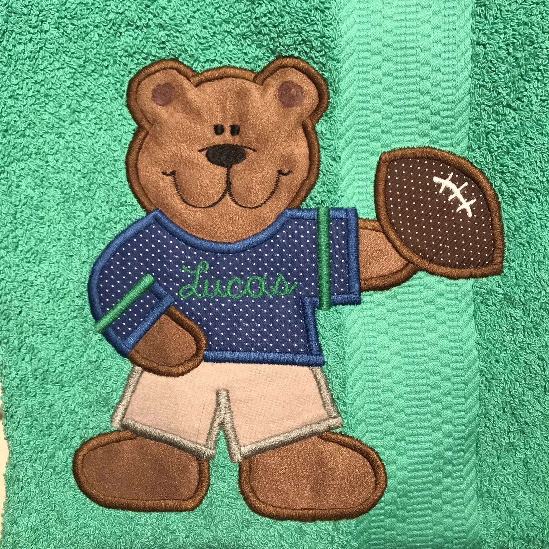 Football Bear on Green with Blue Shirt