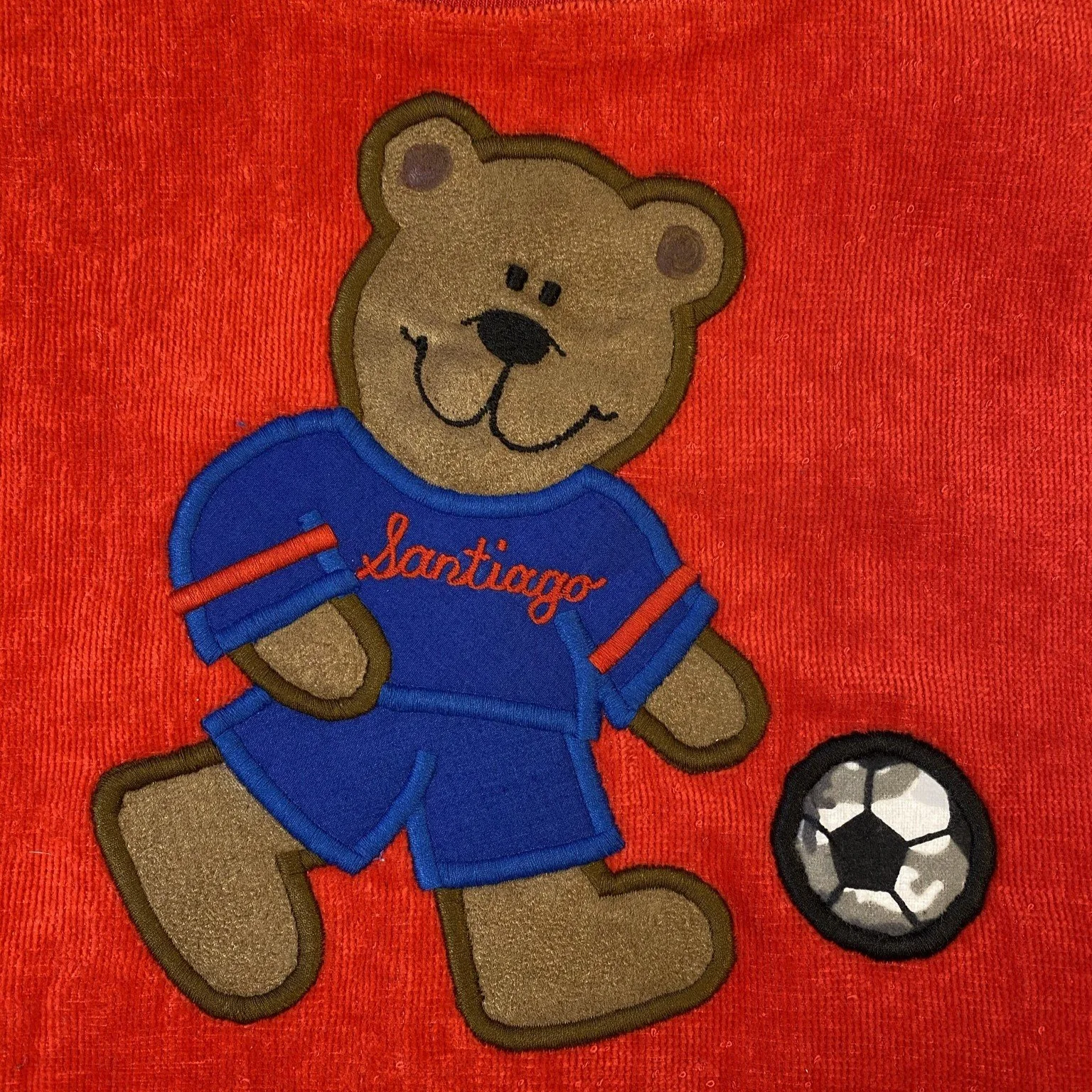 Soccer Bear on Red with Blue Shirt