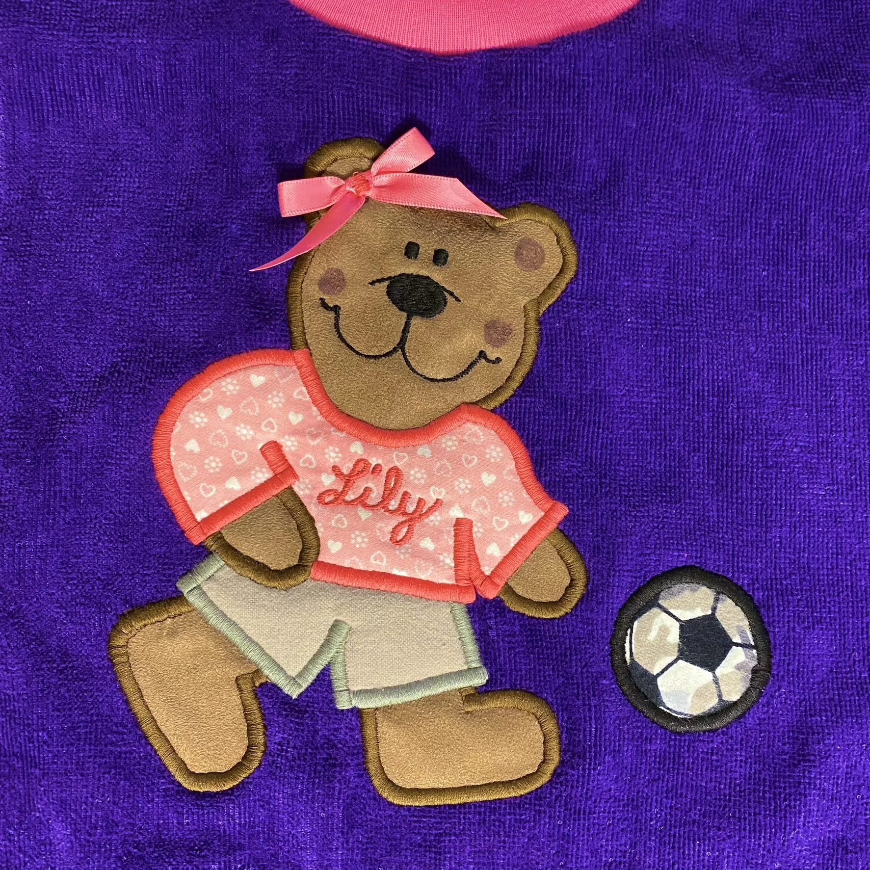 Soccer Bear on Purple with Pink Shirt