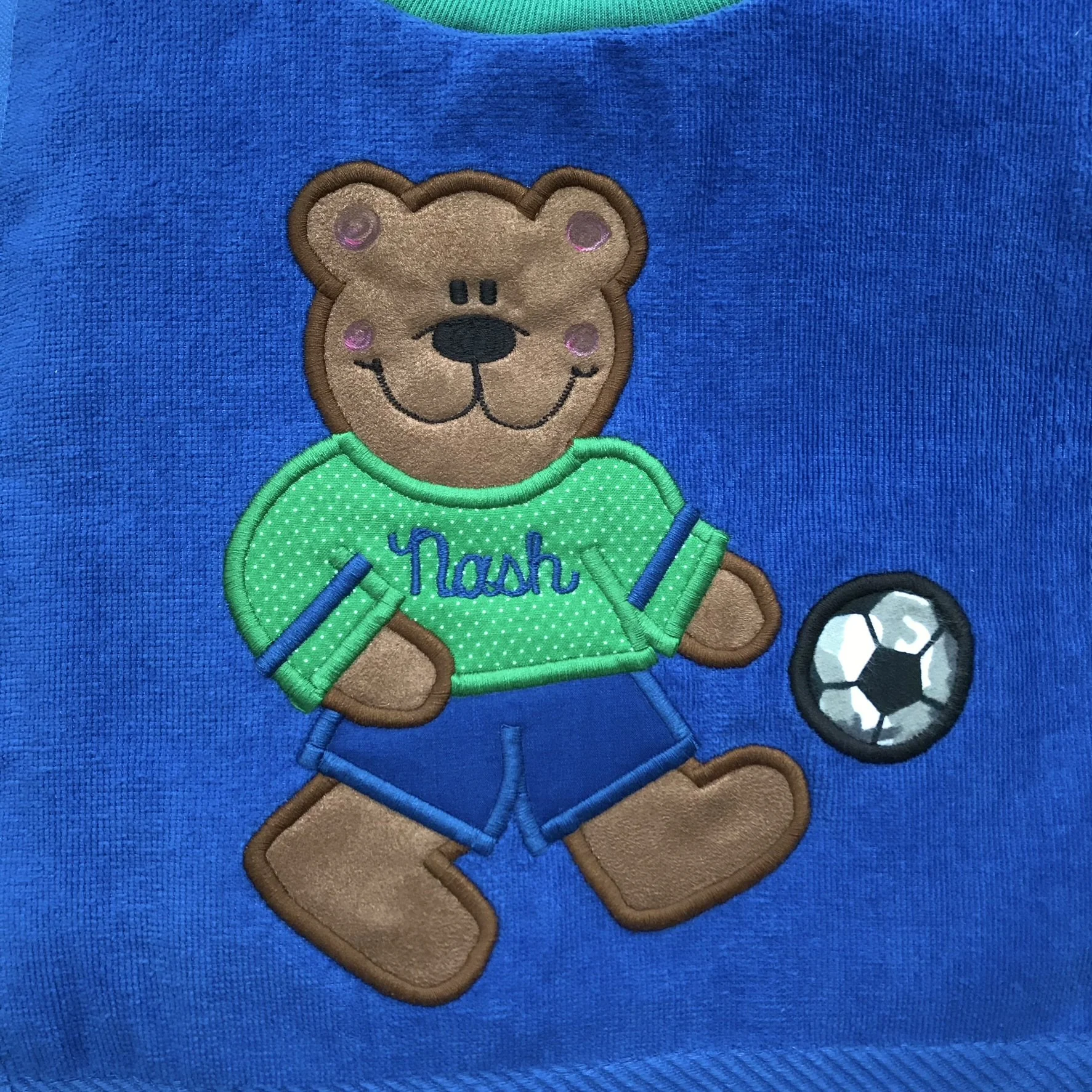 Soccer Bear on Royal Blue with Green Shirt