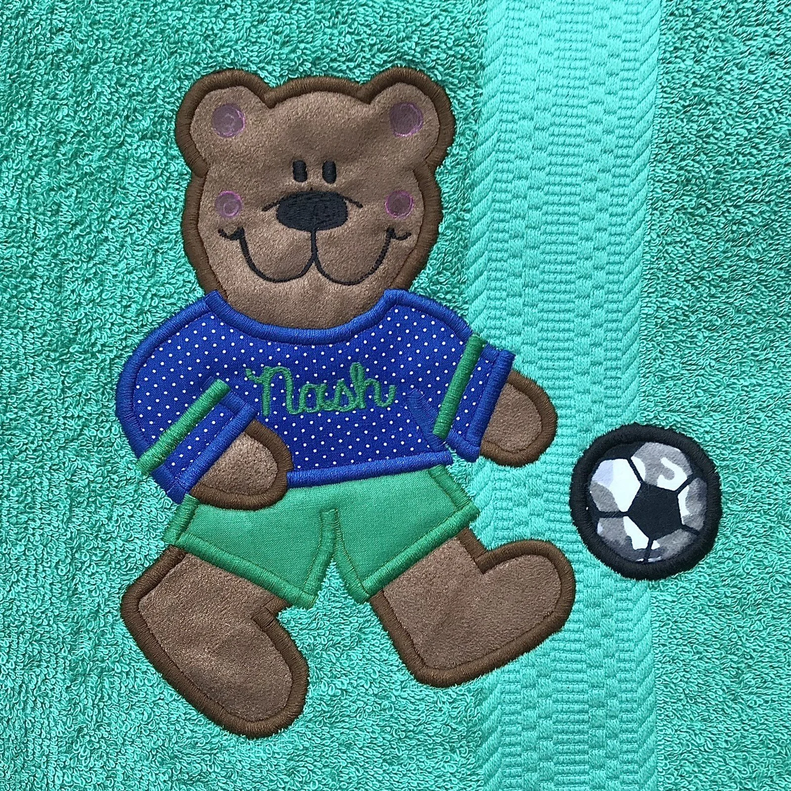 Soccer Bear on Green Towel with Blue Shirt