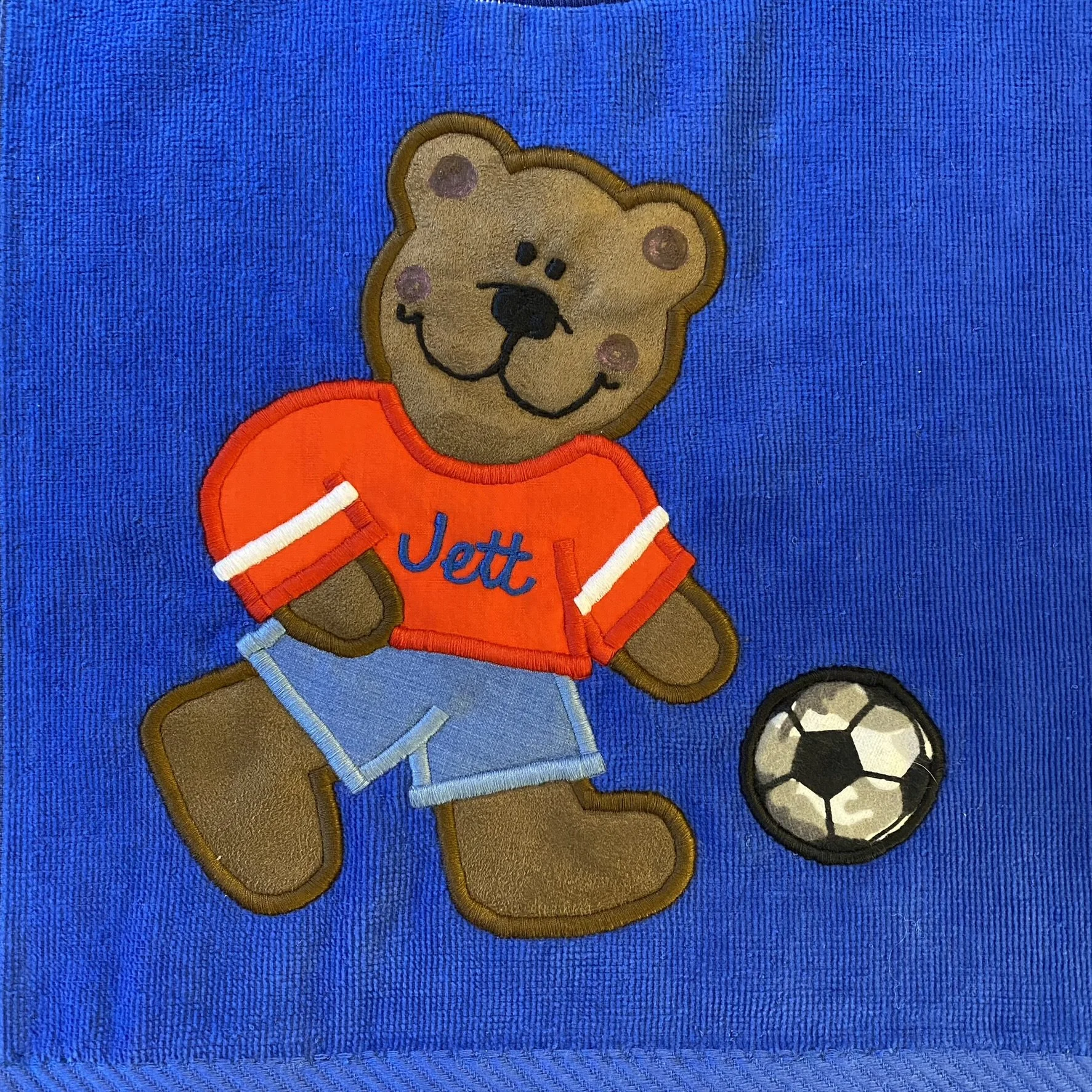 Soccer Bear on Royal Blue with Red Shirt