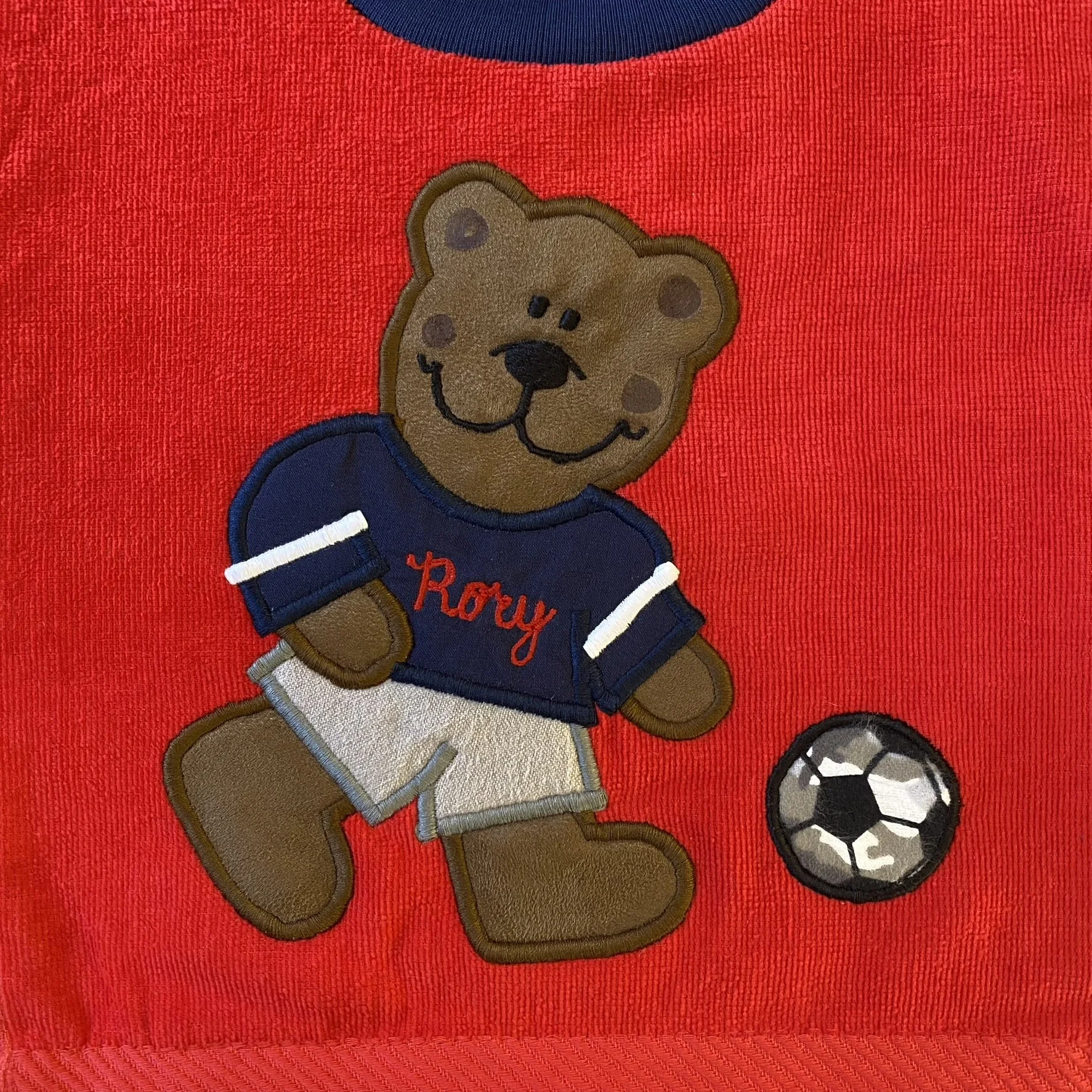 Soccer Bear on Red with Navy Shirt