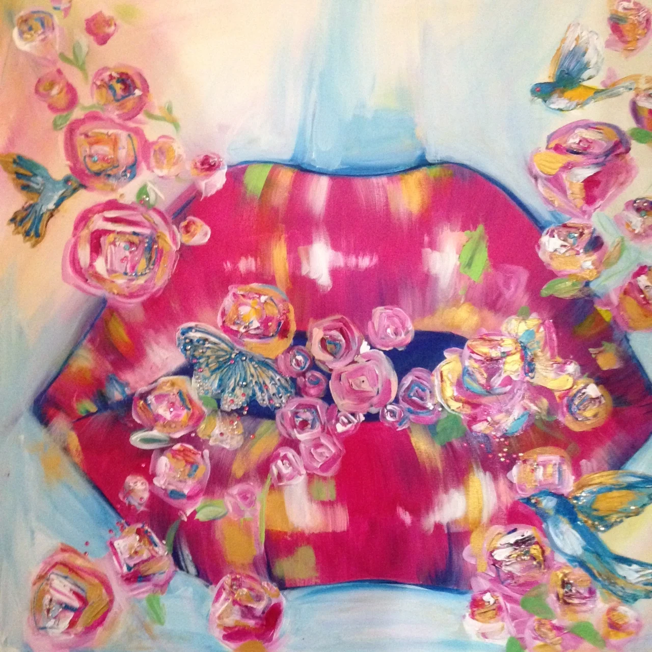 24x24 French Garden Rose Hummingbird Kiss SOLD