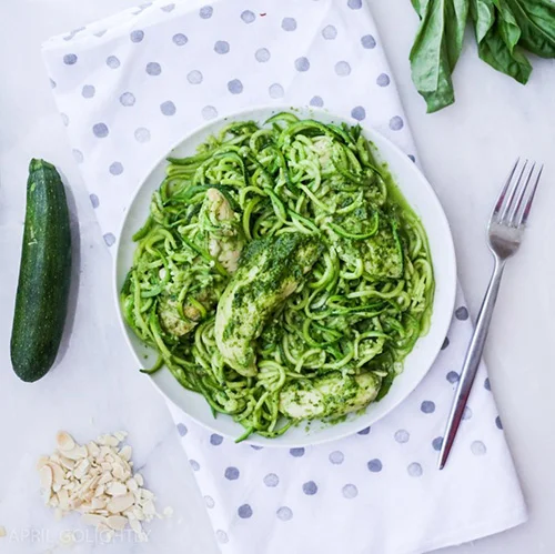 Chicken Zucchini Pasta with Almond Pesto by April Go Lightly
