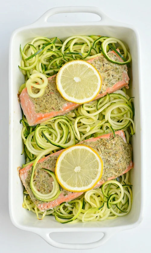 Lemon Herb Salmon Zucchini by Skinny Fitalicious