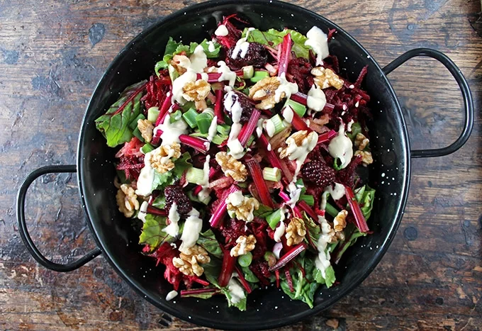 Beetroot and Blackberry Salad with Tahini Dressing by Veggie Desserts