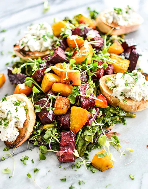 Roasted Beets and Beet Greens with Goat Cheese Crostini by Cooking and Beer